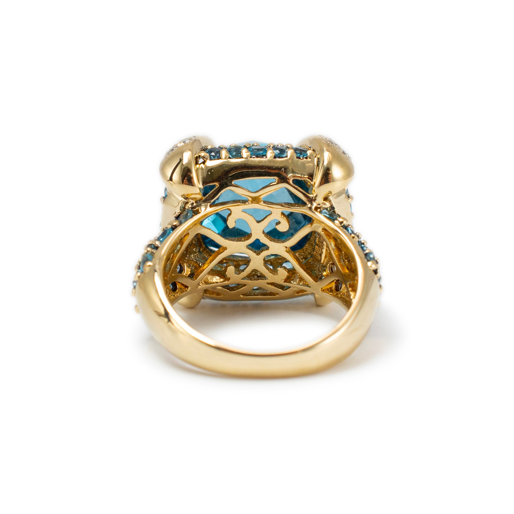 Ladies 14K Yellow Gold Blue Topaz Halo Claw Pave Diamond Cocktail Statement Ring