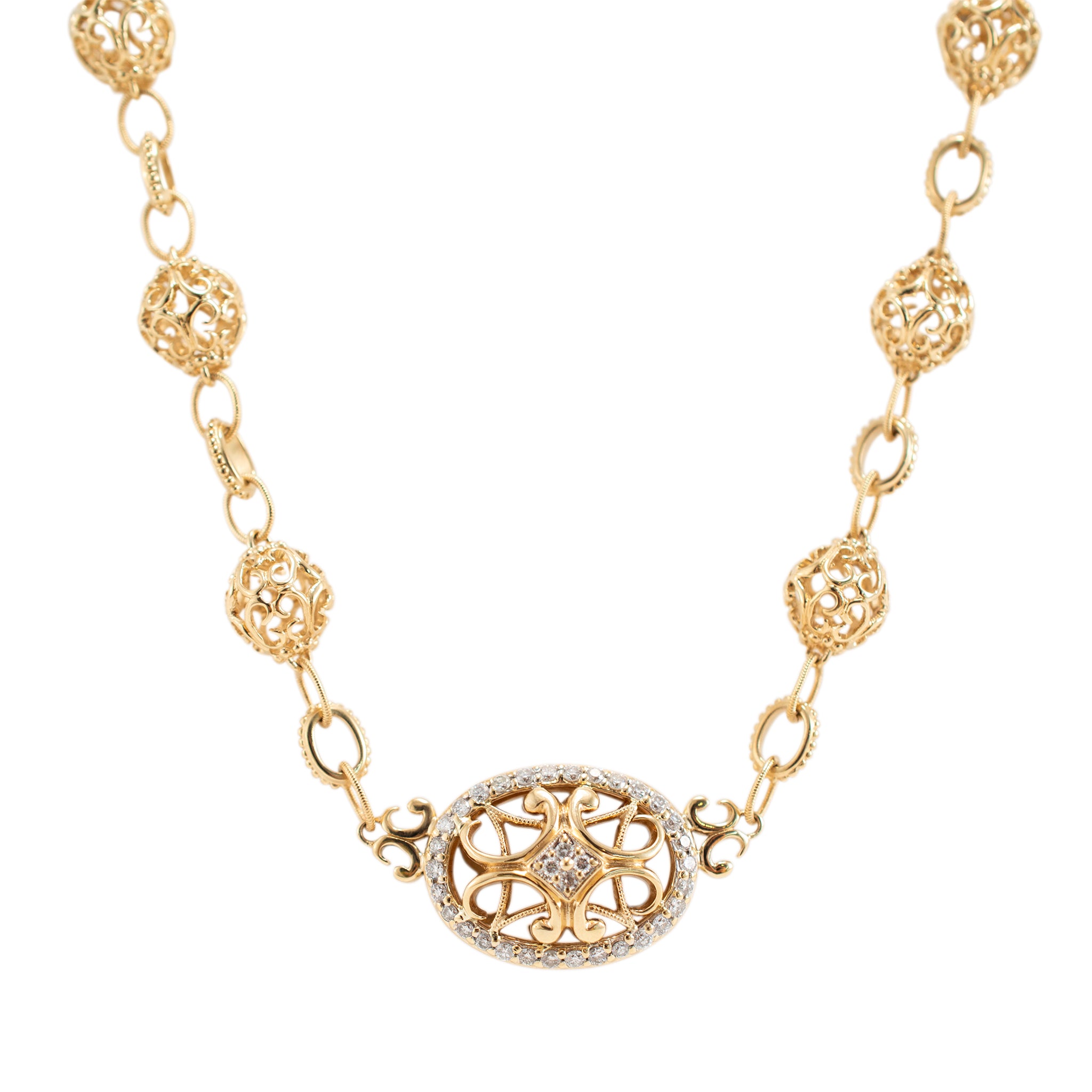14K Yellow Gold Filigreed Style Beads Diamond Oval Pendant Necklace