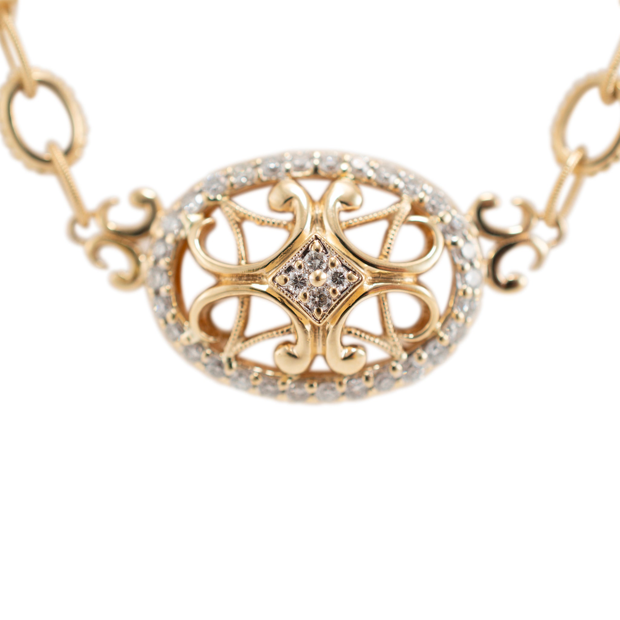 14K Yellow Gold Filigreed Style Beads Diamond Oval Pendant Necklace