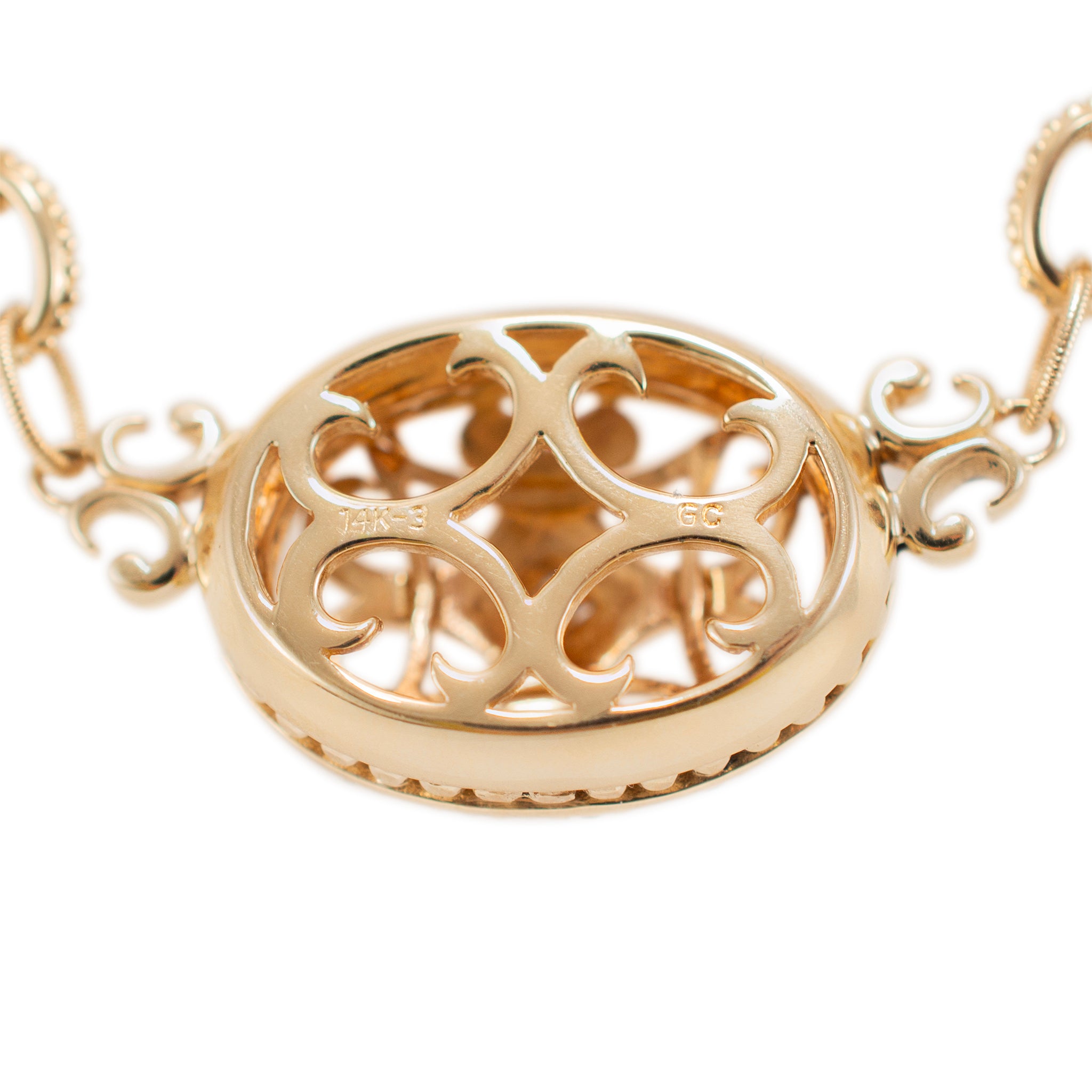 14K Yellow Gold Filigreed Style Beads Diamond Oval Pendant Necklace