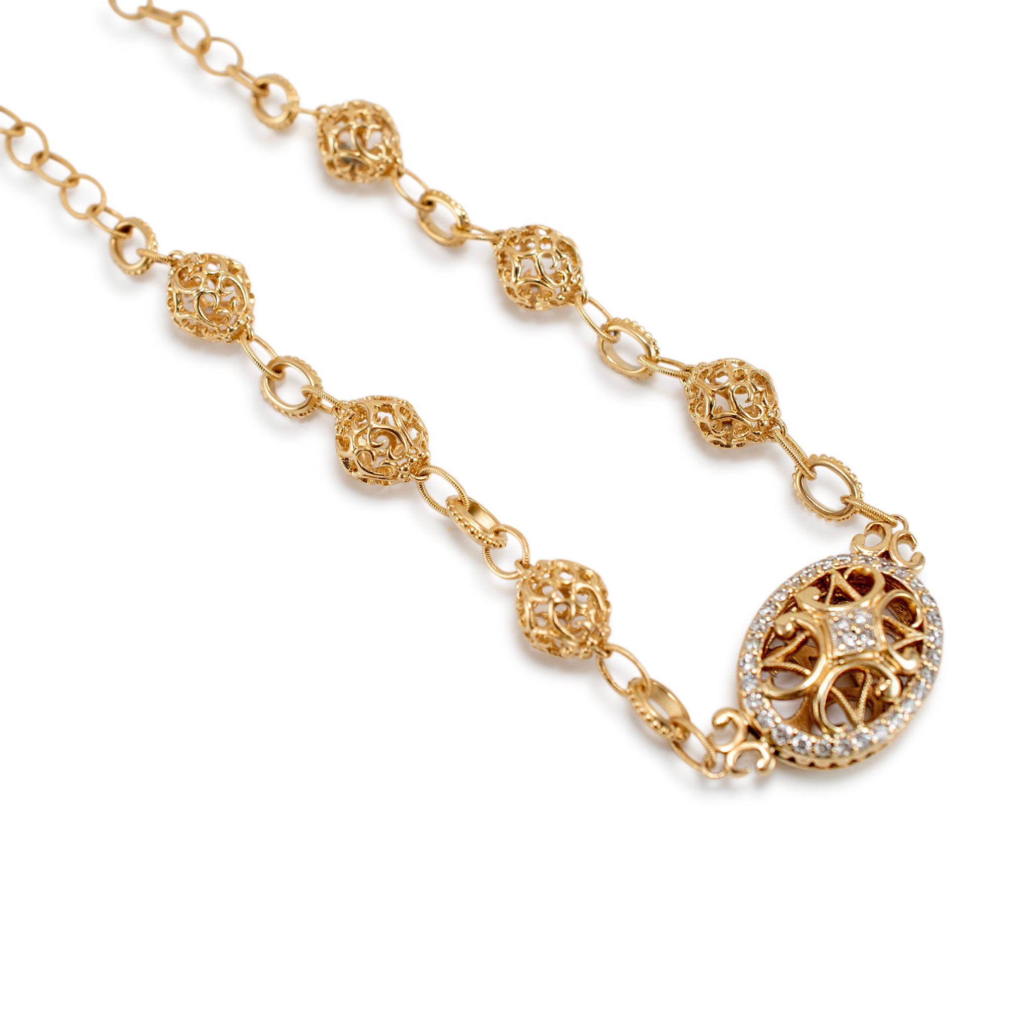 14K Yellow Gold Filigreed Style Beads Diamond Oval Pendant Necklace