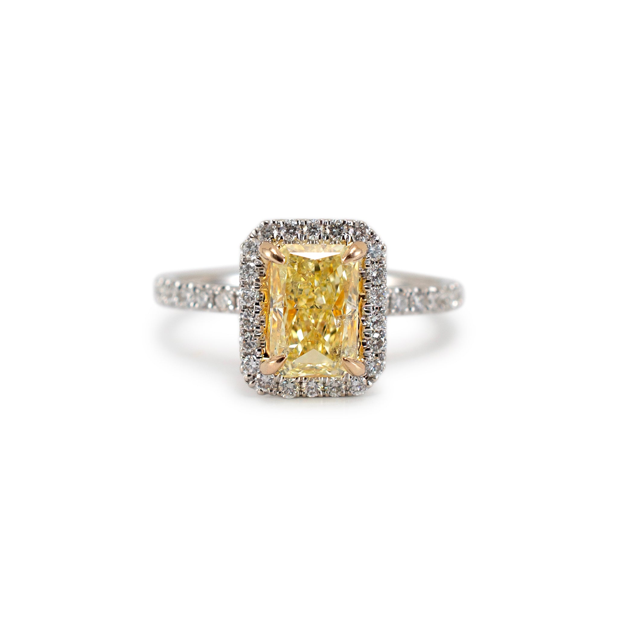 18K White Gold Radiant Cut GIA Fancy Yellow Diamond Halo White Engagement Ring