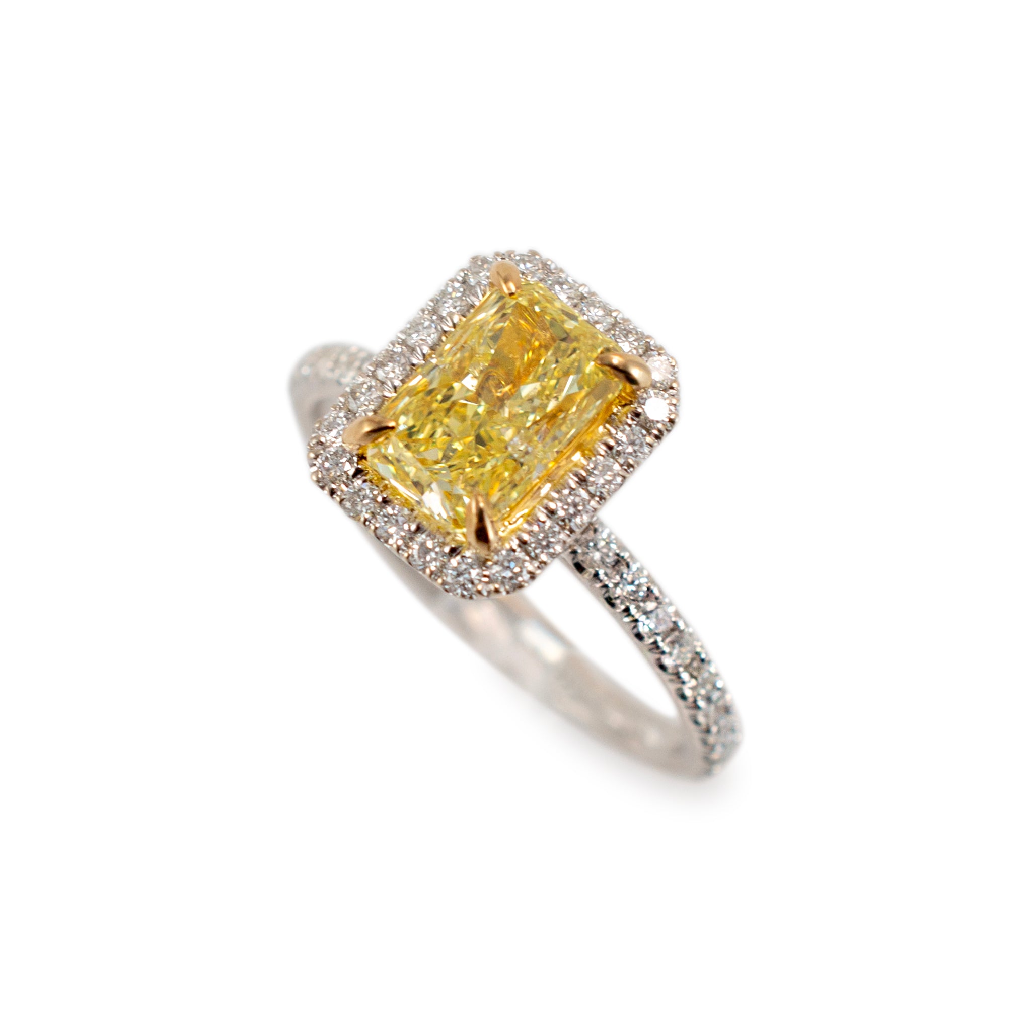 18K White Gold Radiant Cut GIA Fancy Yellow Diamond Halo White Engagement Ring