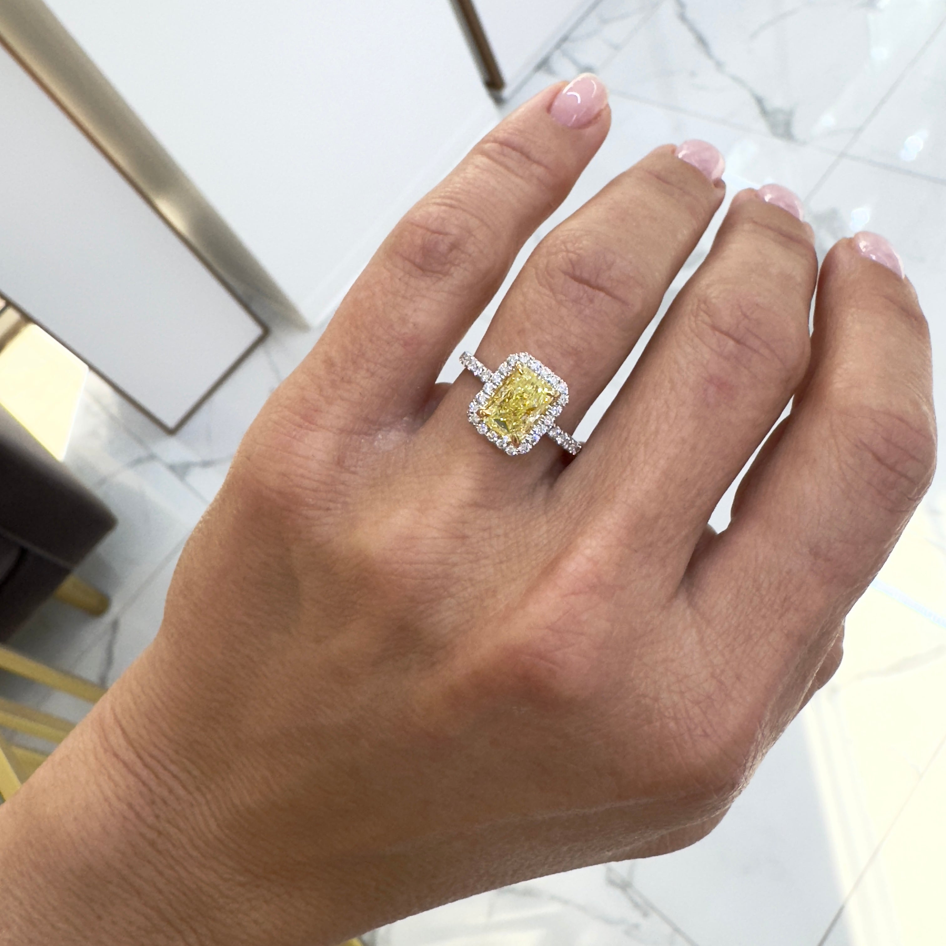 18K White Gold Radiant Cut GIA Fancy Yellow Diamond Halo White Engagement Ring