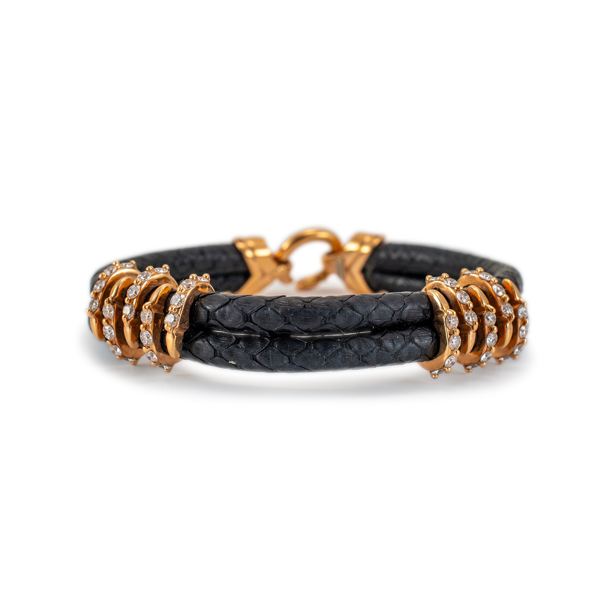 18K Yellow Gold Claw Pave Diamond Leather Bangle Bracelet