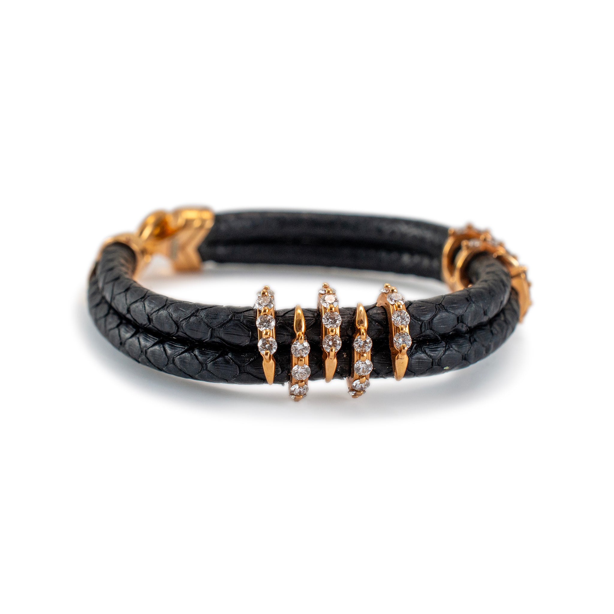 18K Yellow Gold Claw Pave Diamond Leather Bangle Bracelet