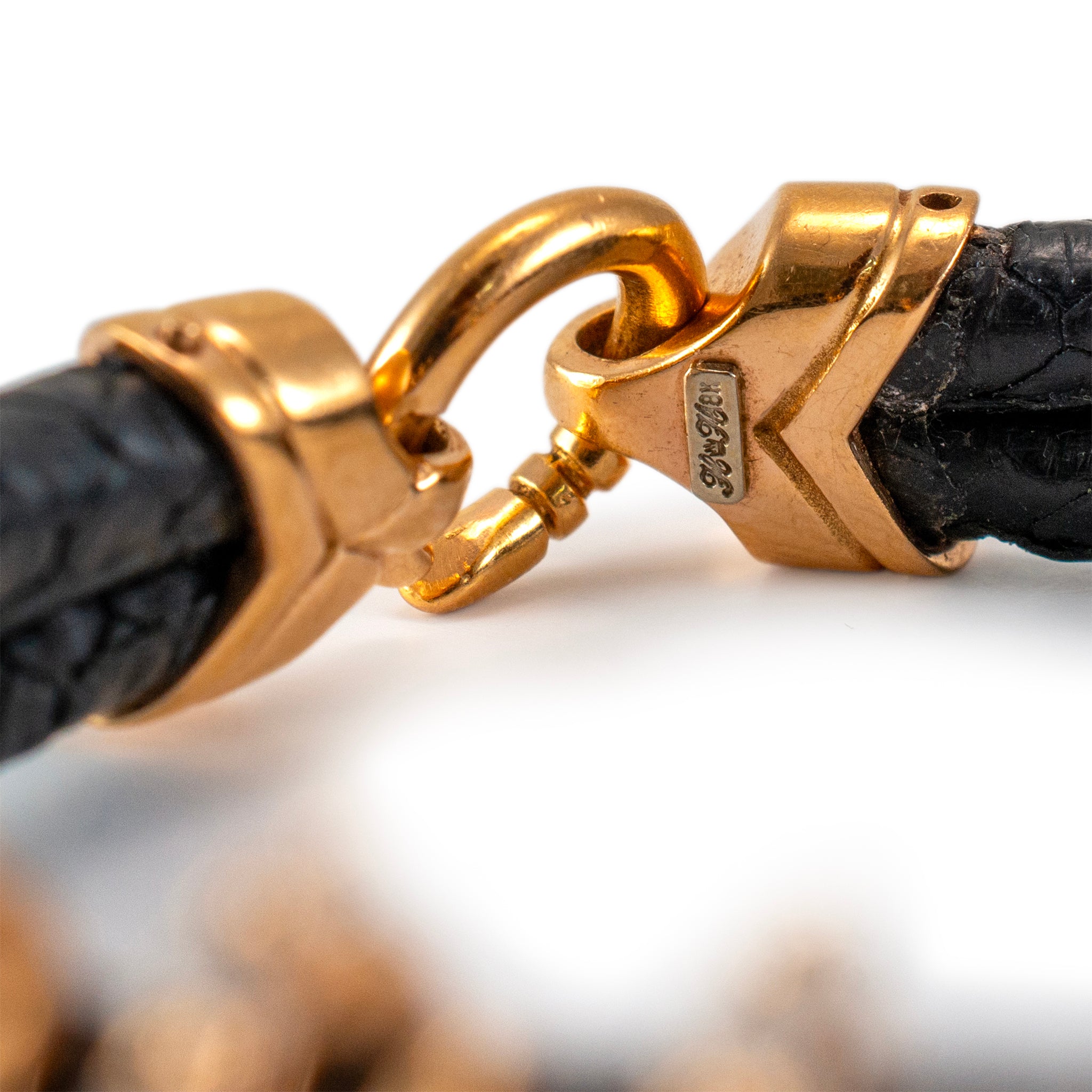 18K Yellow Gold Claw Pave Diamond Leather Bangle Bracelet