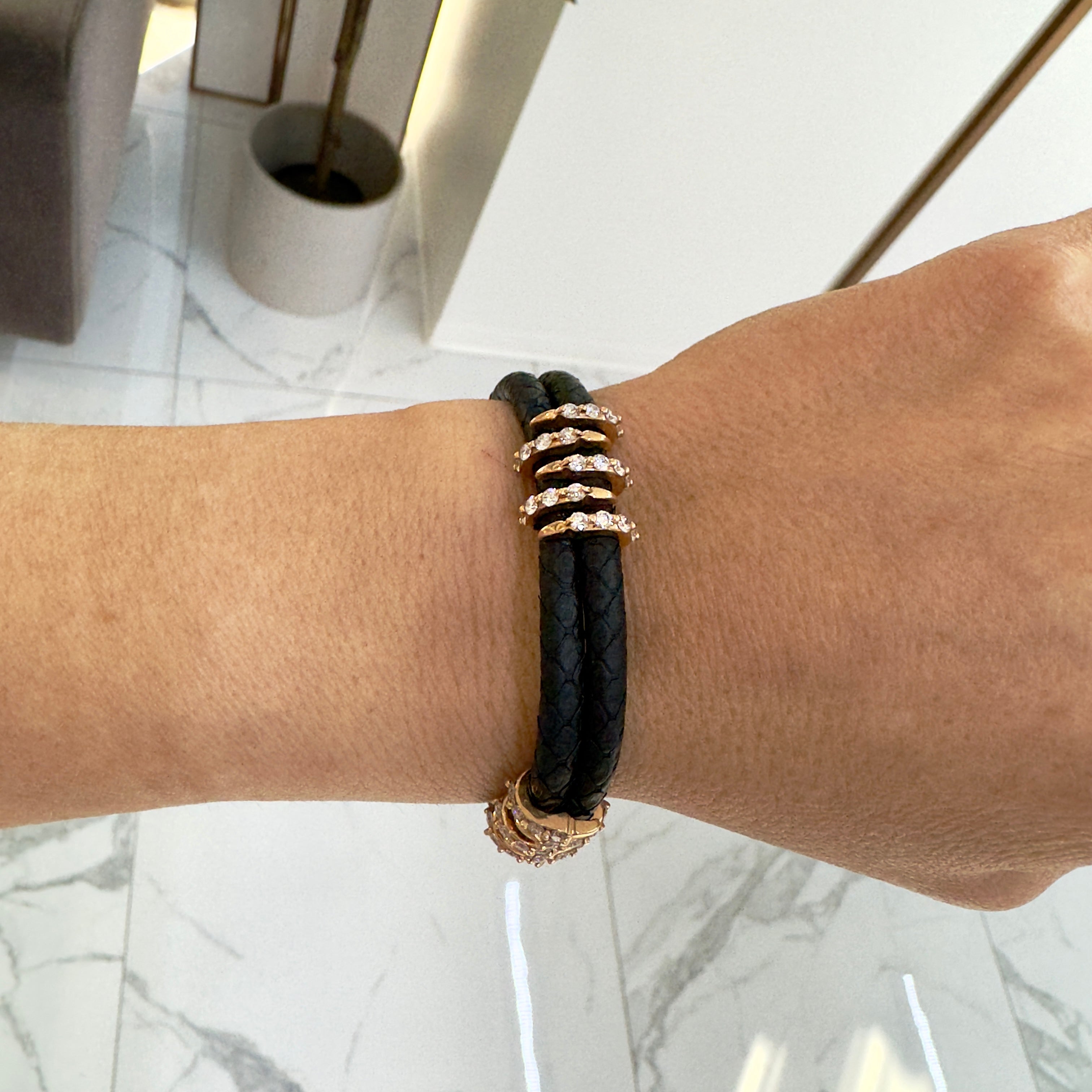 18K Yellow Gold Claw Pave Diamond Leather Bangle Bracelet