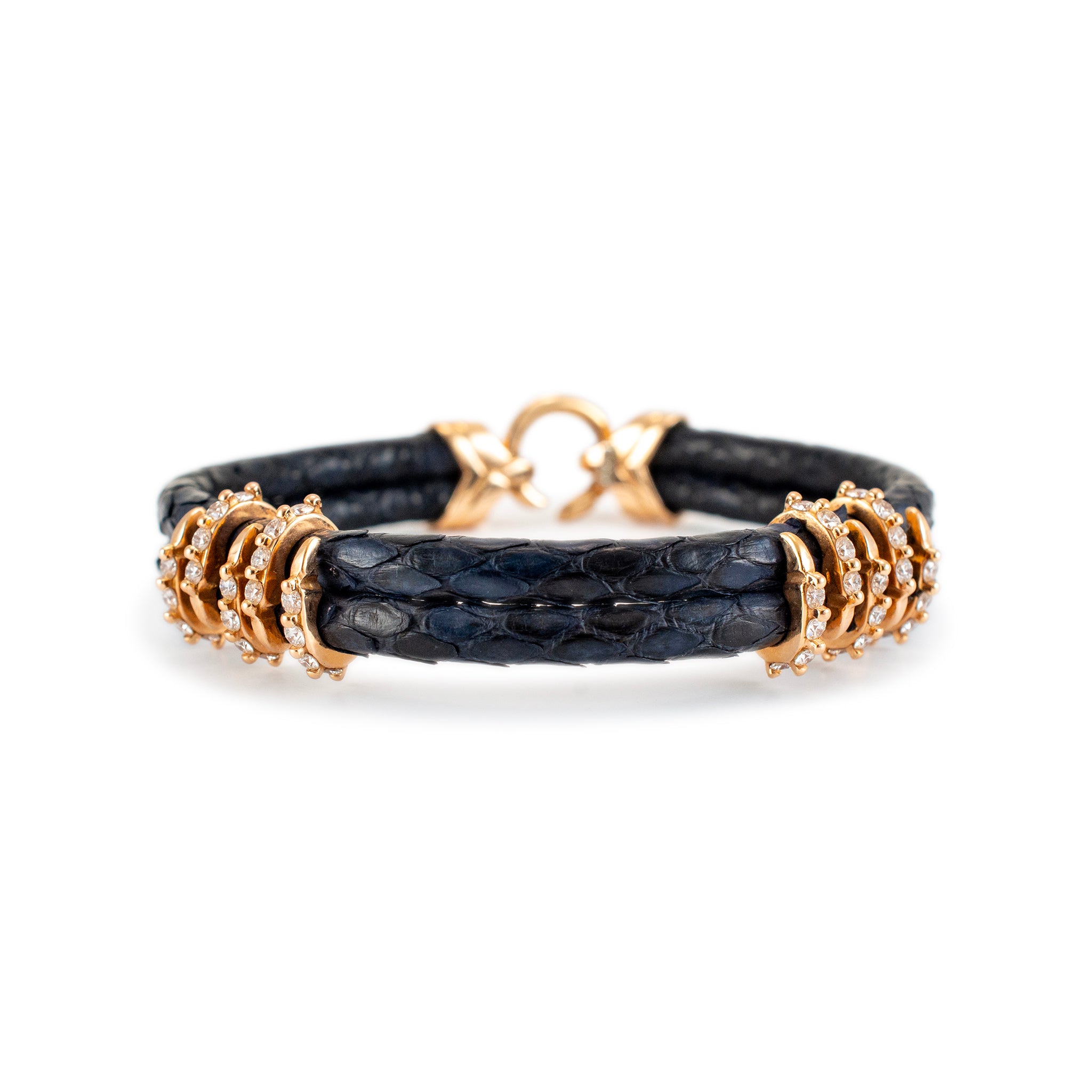 18K Yellow Gold Claw Pave Diamond Leather Bangle Bracelet