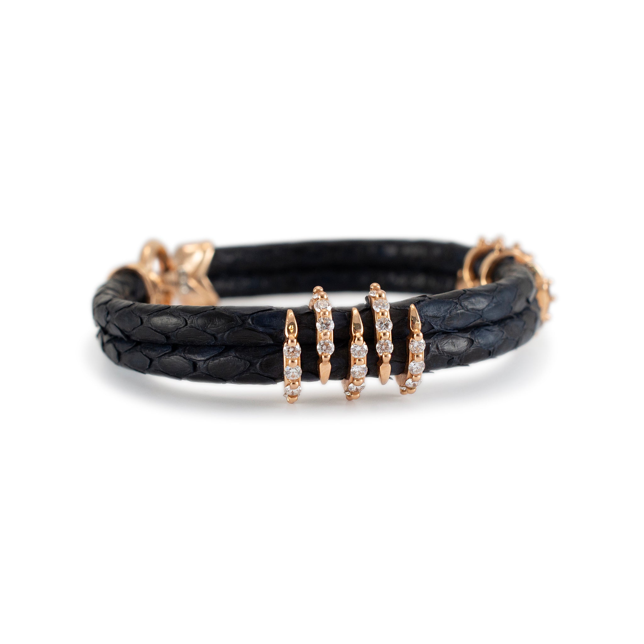 18K Yellow Gold Claw Pave Diamond Leather Bangle Bracelet