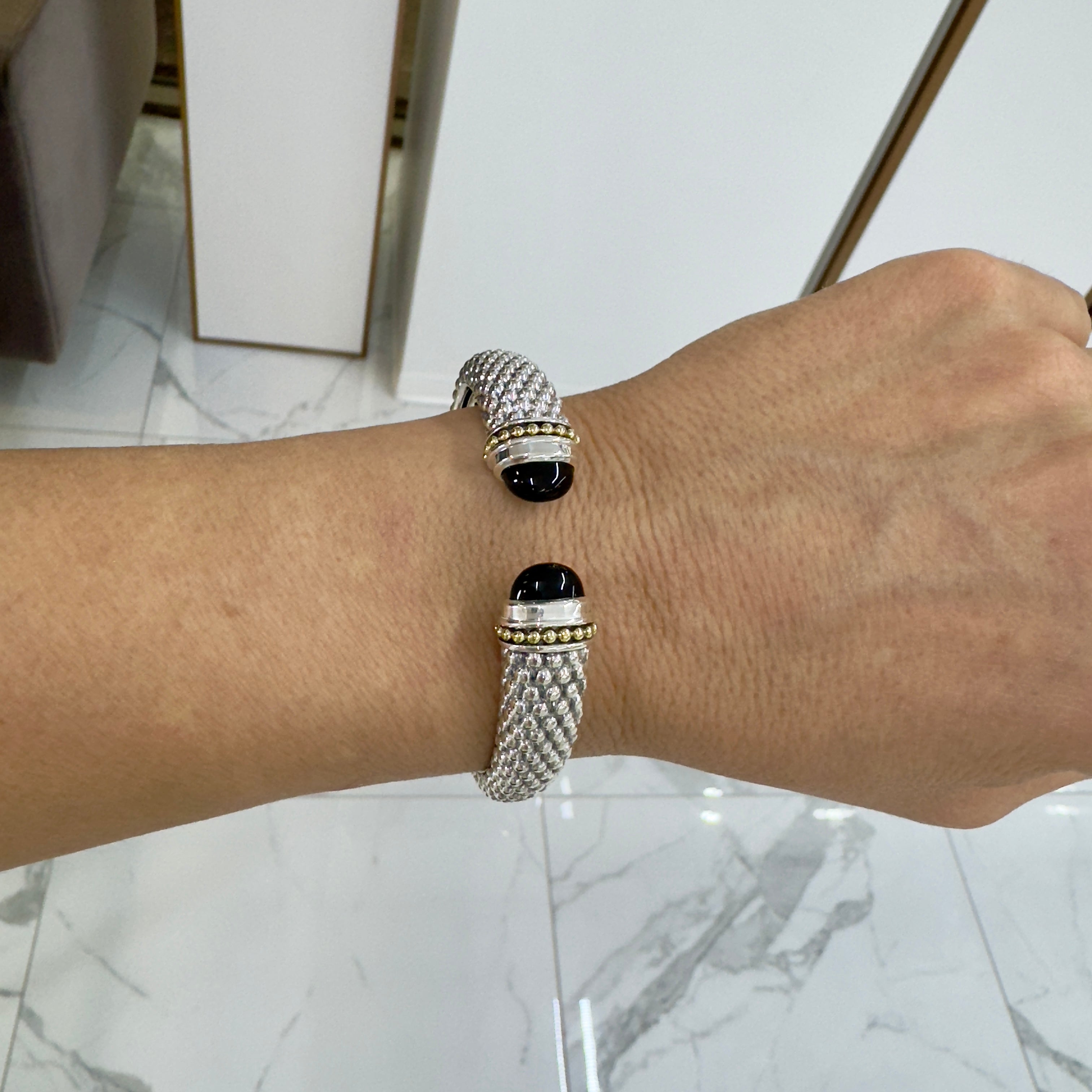 Lagos Caviar Color 925 Sterling Silver & 18K Yellow Gold Onyx Cuff Bracelet