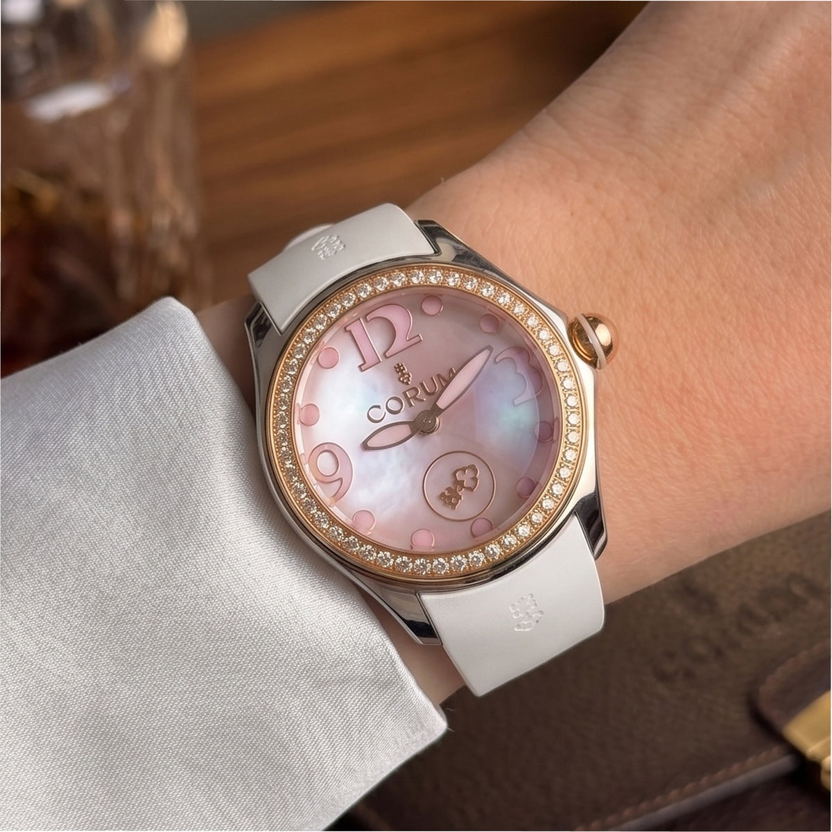Ladies Corum Bubble 42MM L295 Pink Mop Diamond Bezel Rose Gold Steel Watch