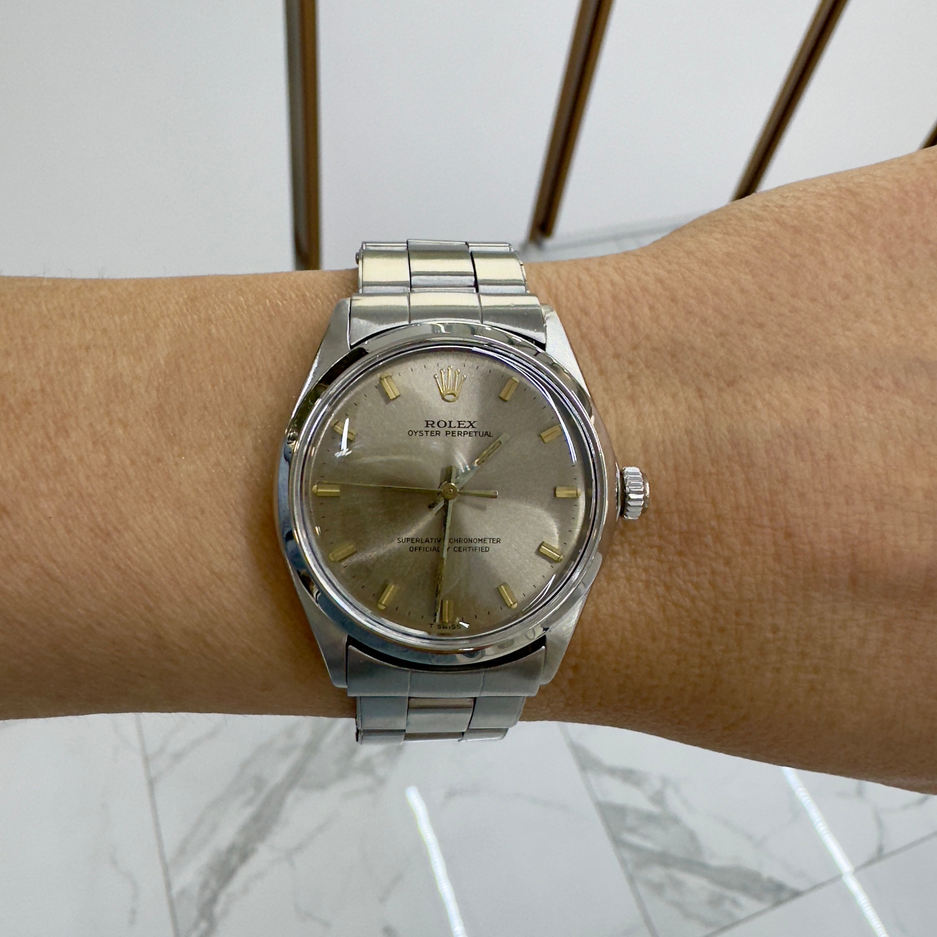 Vintage 1968 Rolex Oyster Perpetual 34MM 1002 Brown Stick Stainless Steel Watch