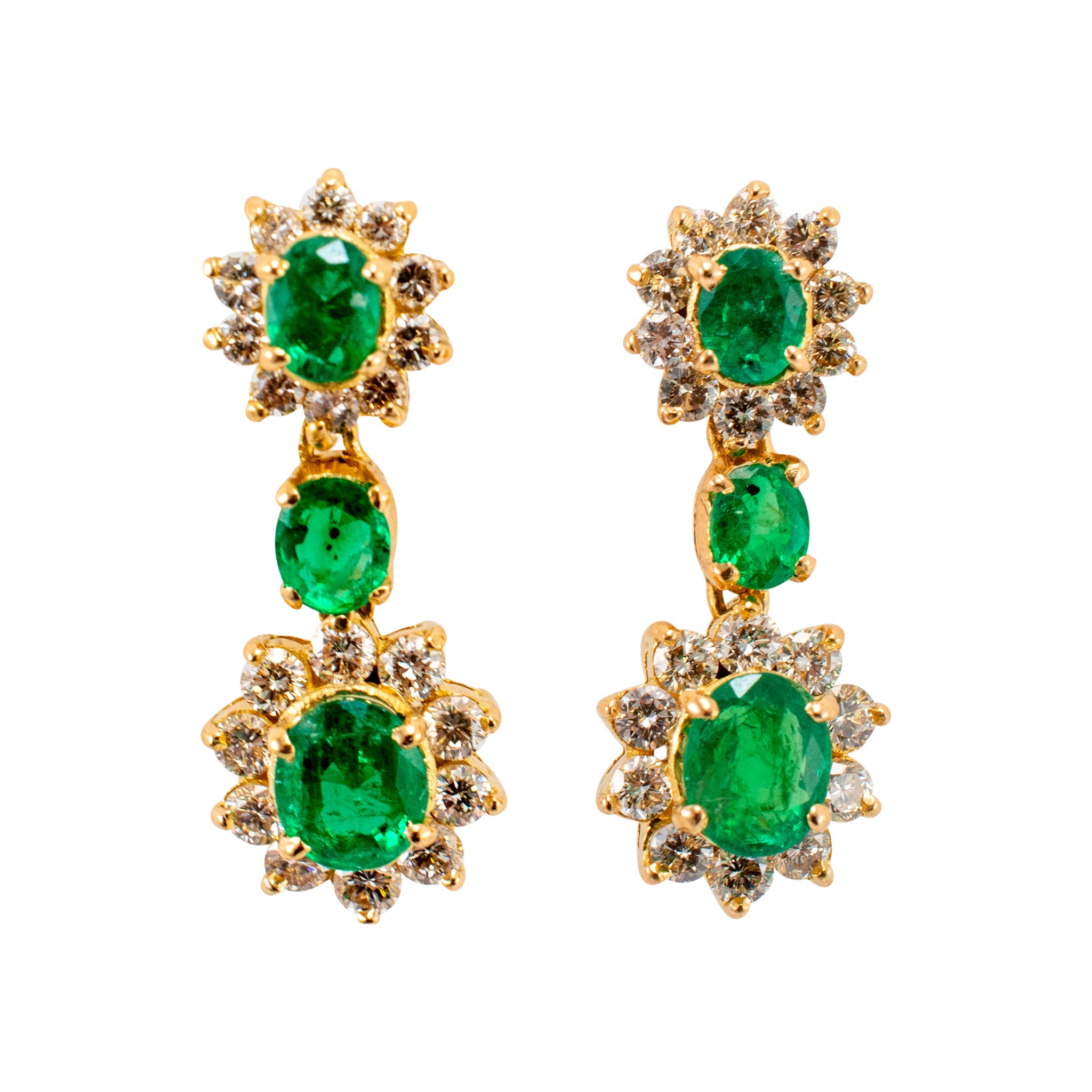 Ladies 18K Yellow Gold Emerald Halo Diamond Drop Earrings