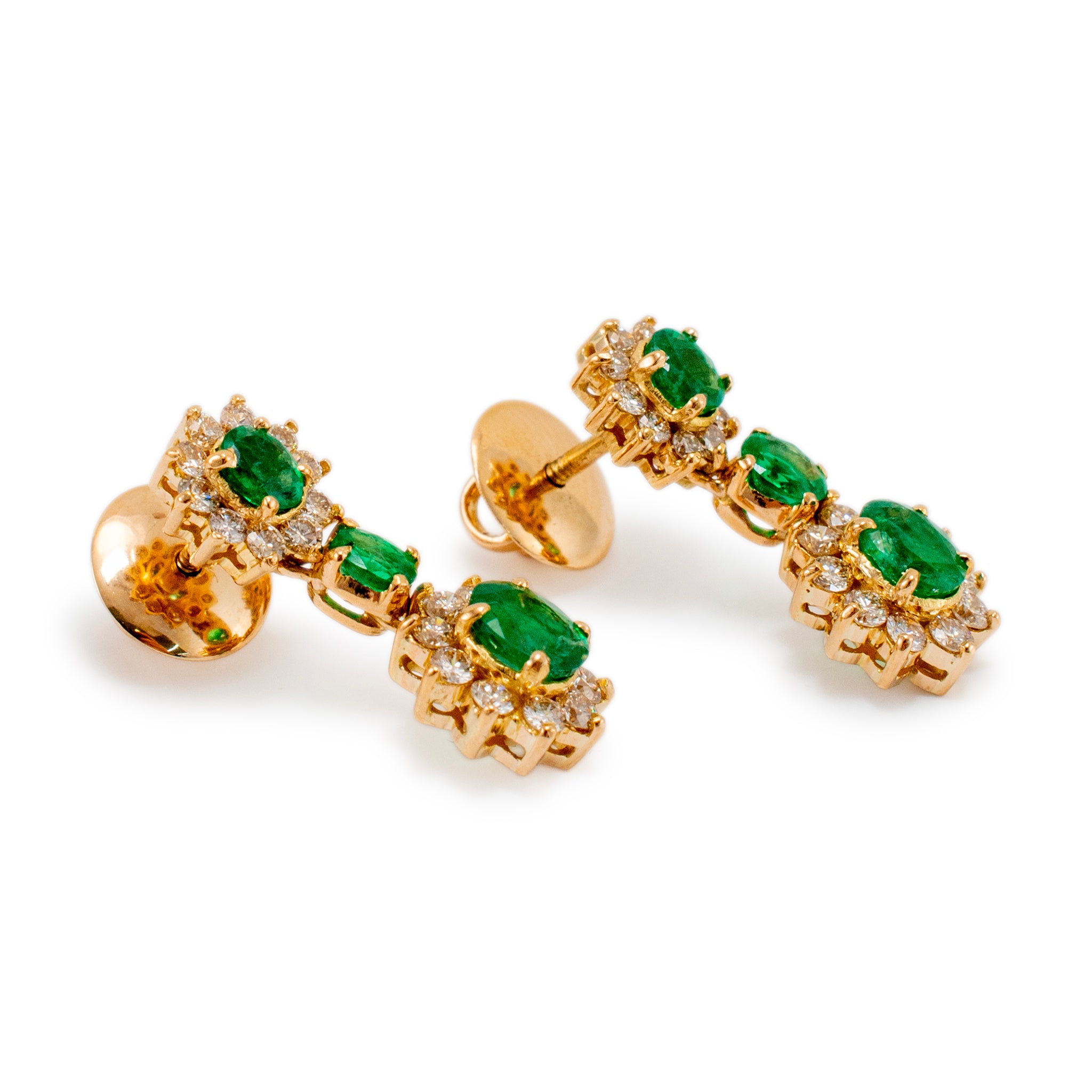 Ladies 18K Yellow Gold Emerald Halo Diamond Drop Earrings