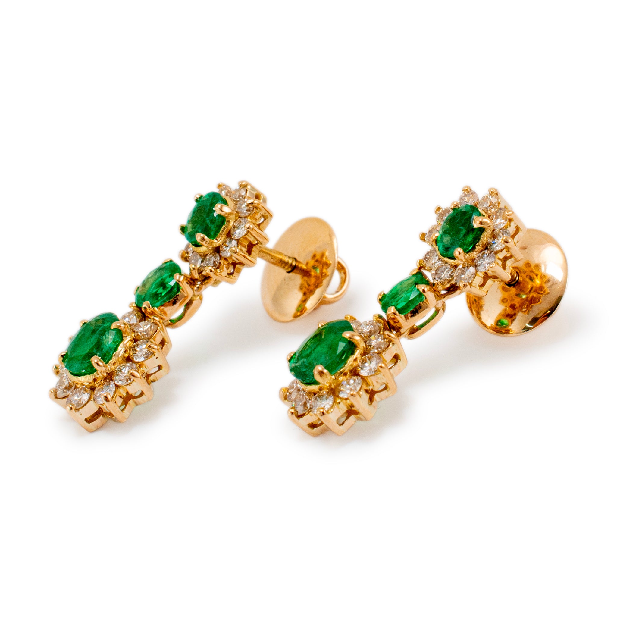Ladies 18K Yellow Gold Emerald Halo Diamond Drop Earrings