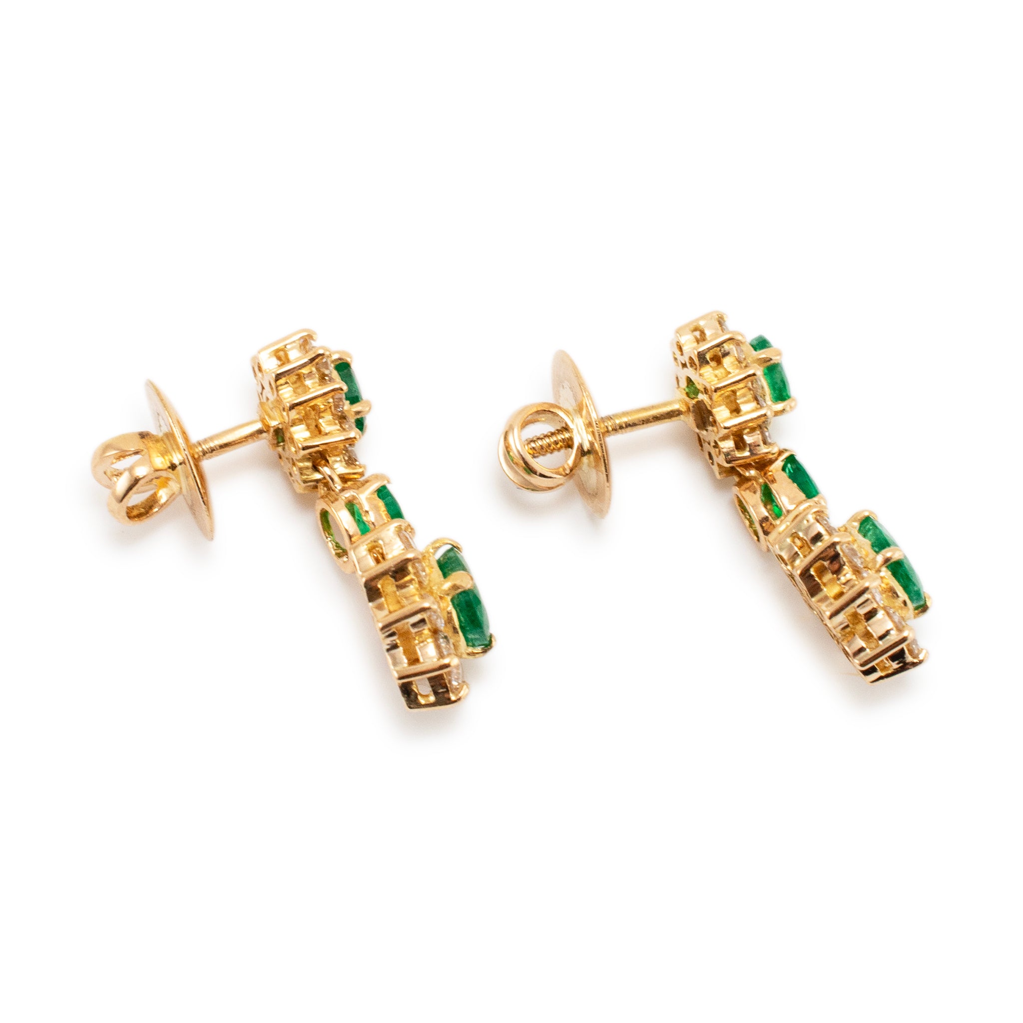Ladies 18K Yellow Gold Emerald Halo Diamond Drop Earrings
