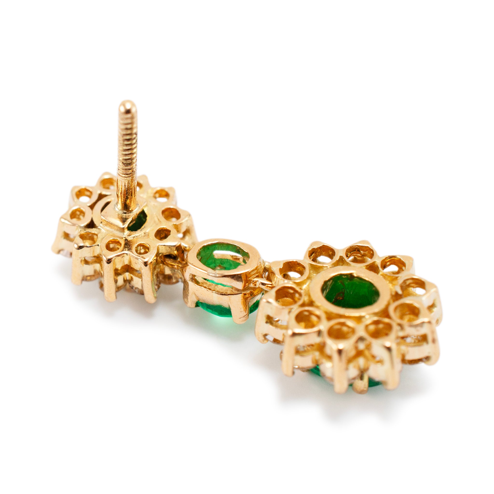 Ladies 18K Yellow Gold Emerald Halo Diamond Drop Earrings