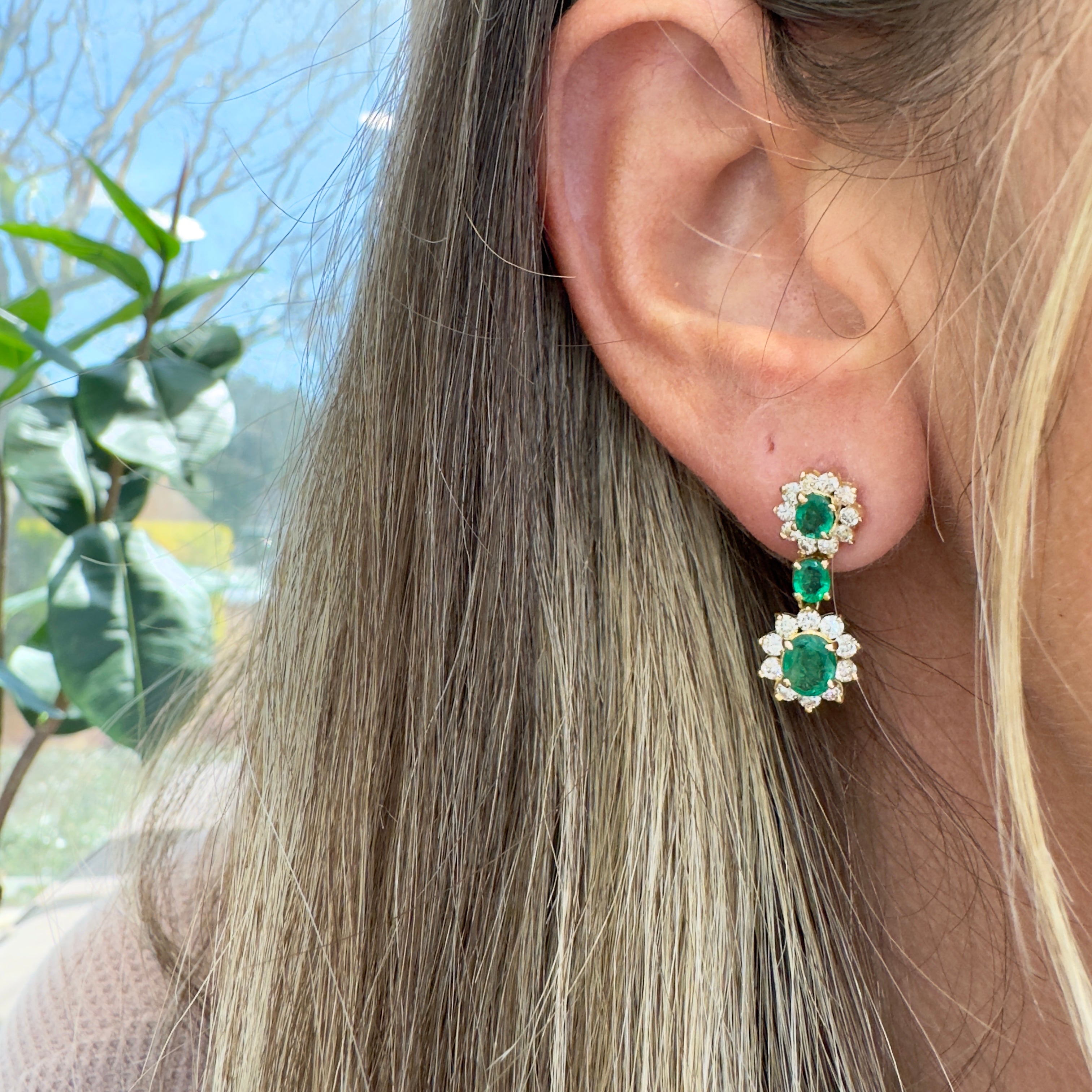 Ladies 18K Yellow Gold Emerald Halo Diamond Drop Earrings