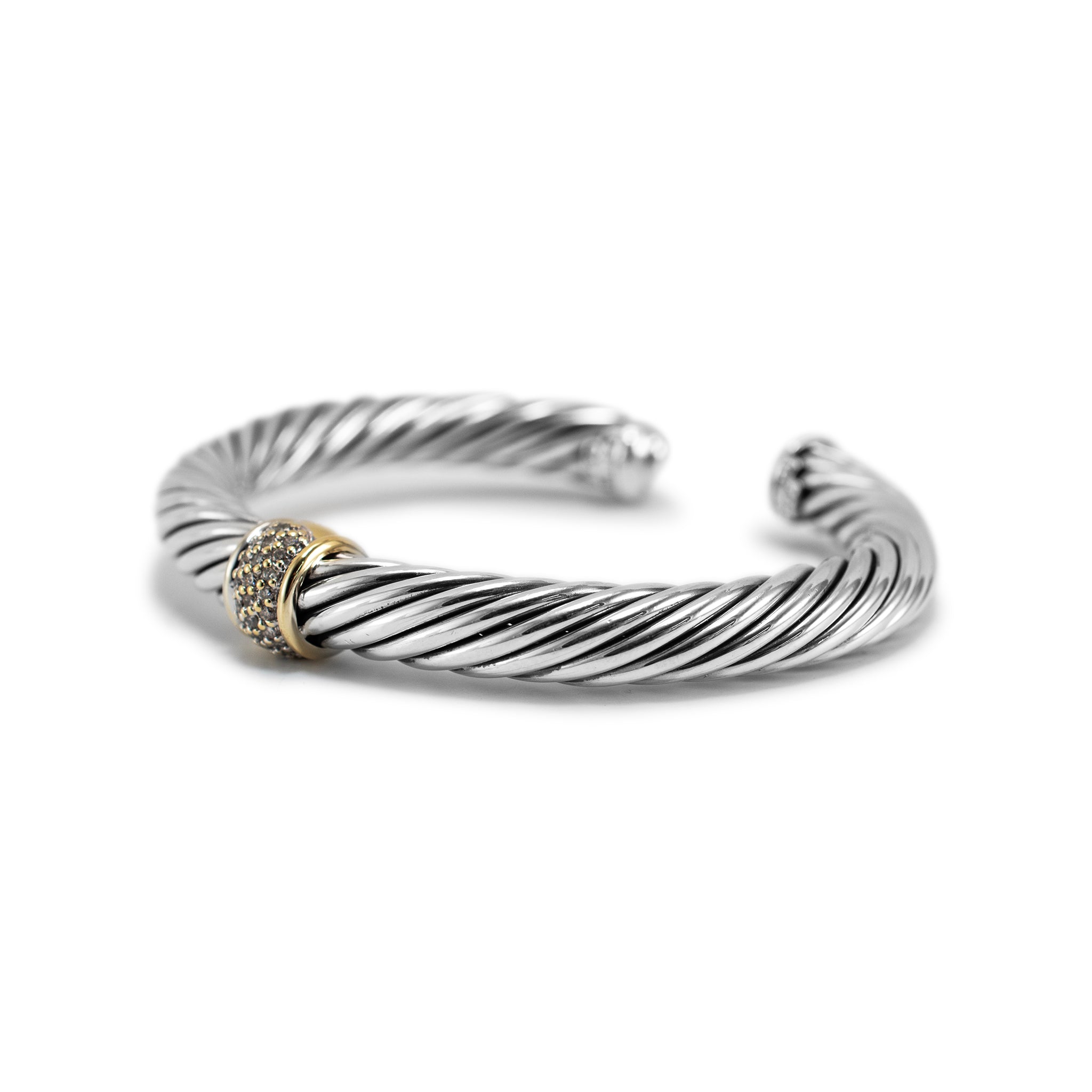 David Yurman 925 Sterling Silver Yellow Gold Diamond Classic Cable Cuff Bracelet