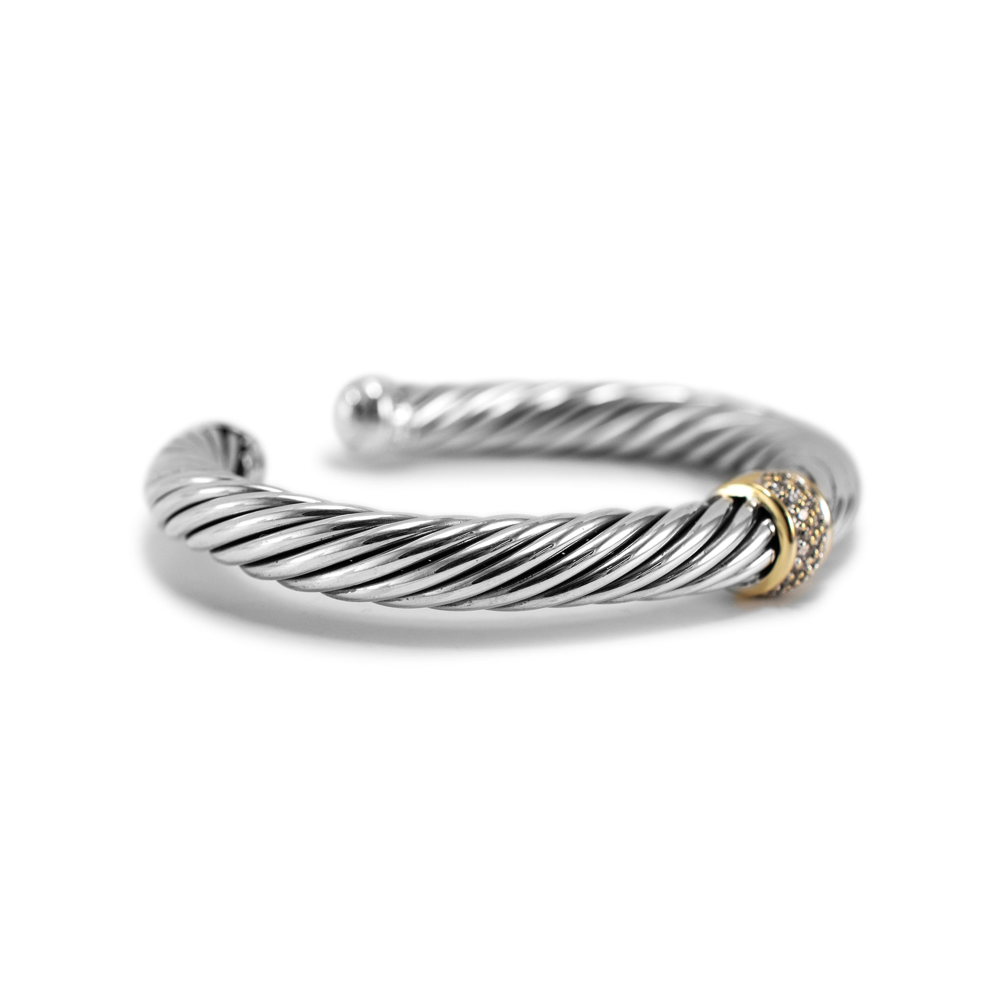 David Yurman 925 Sterling Silver Yellow Gold Diamond Classic Cable Cuff Bracelet