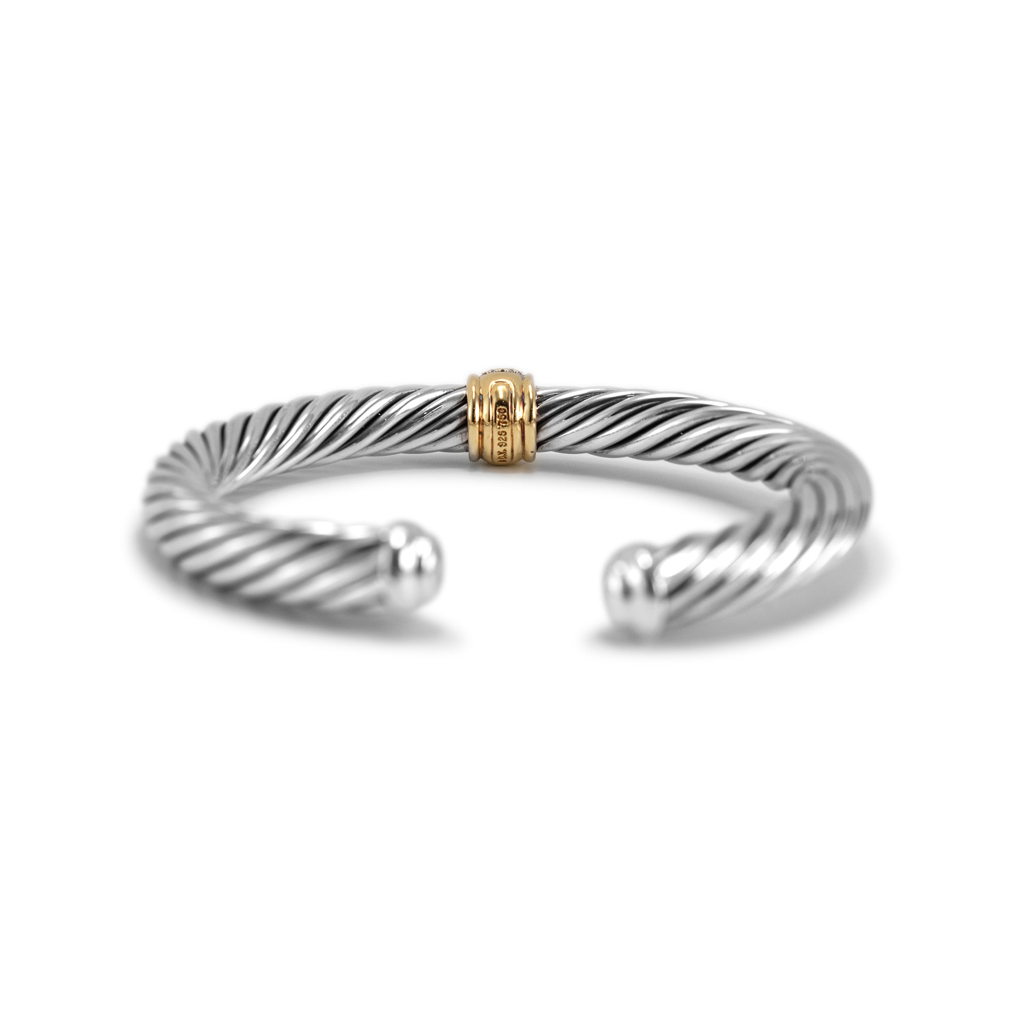 David Yurman 925 Sterling Silver Yellow Gold Diamond Classic Cable Cuff Bracelet