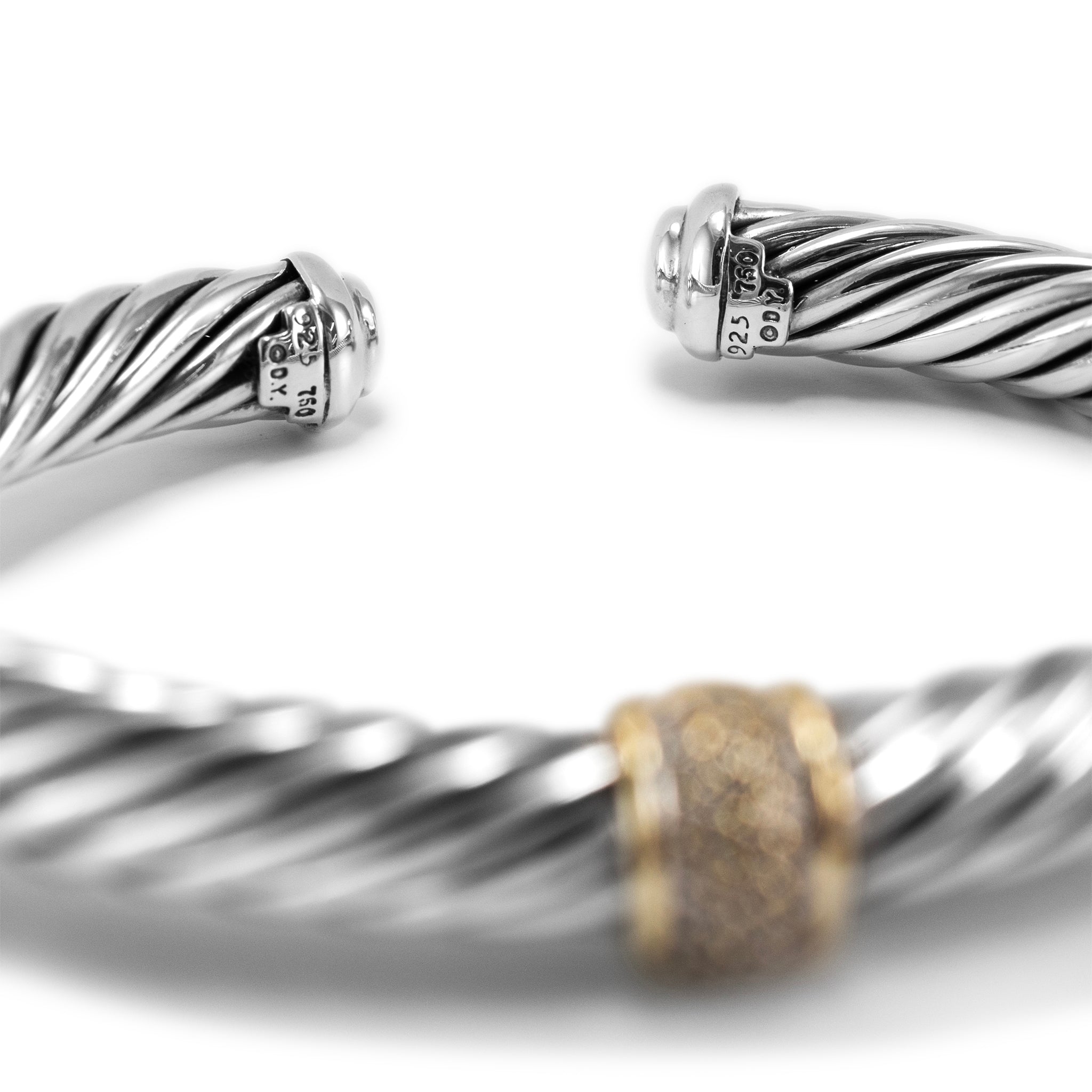 David Yurman 925 Sterling Silver Yellow Gold Diamond Classic Cable Cuff Bracelet