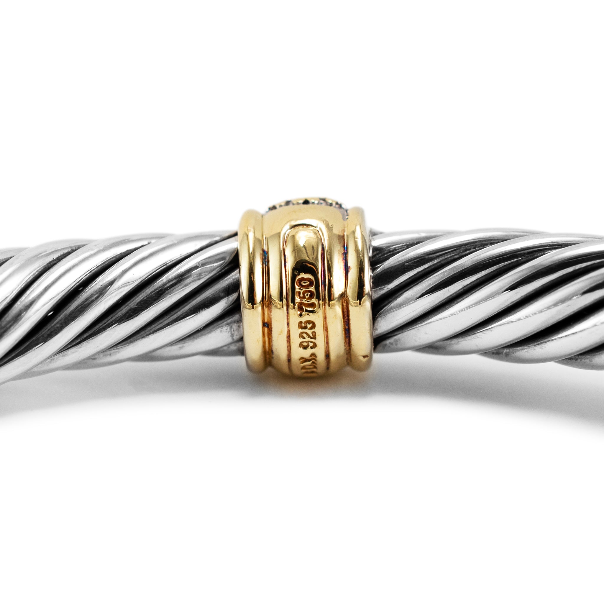 David Yurman 925 Sterling Silver Yellow Gold Diamond Classic Cable Cuff Bracelet