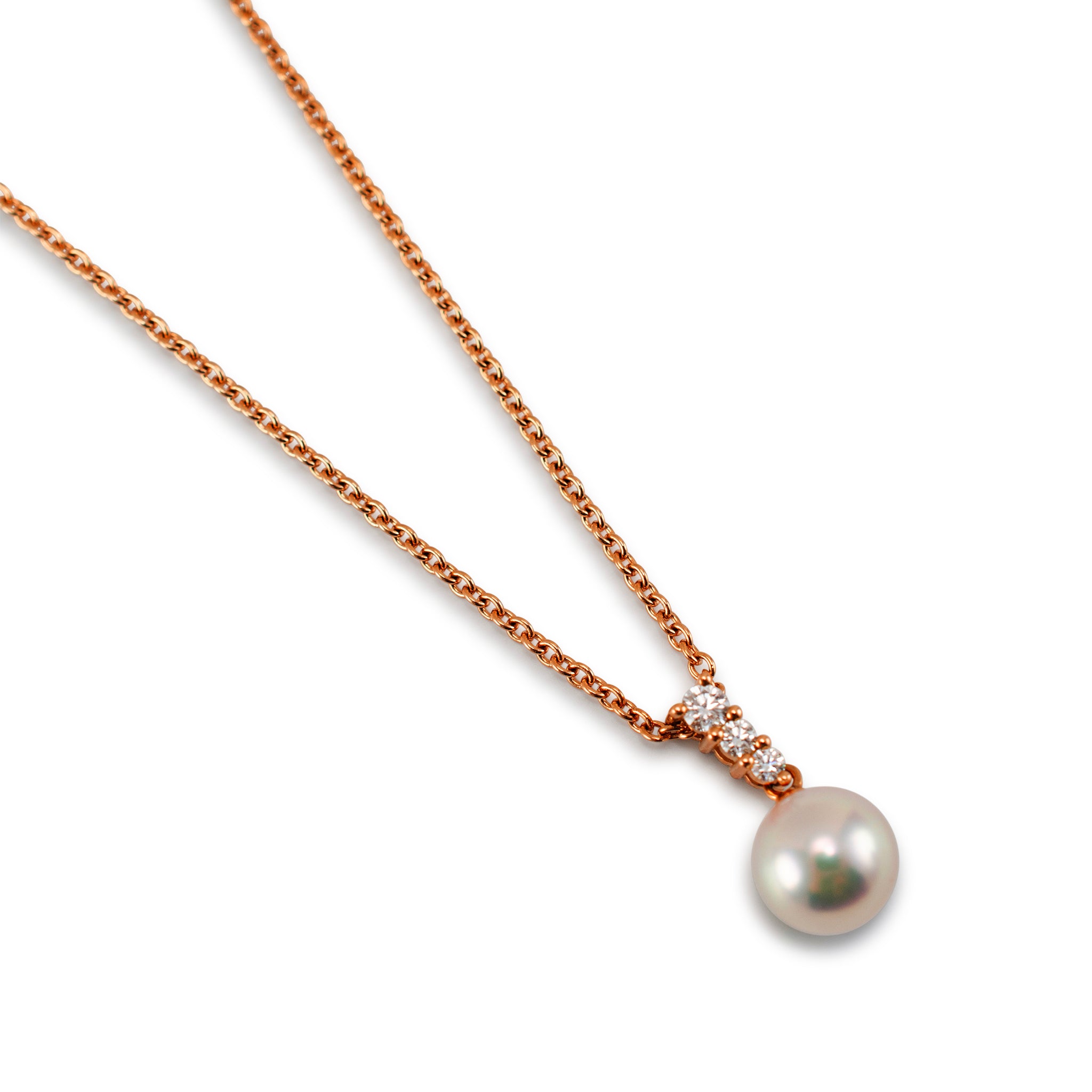 Mikimoto Morning Dew 18K Rose Gold 3 Diamonds 10MM Pearl Pendant Necklace
