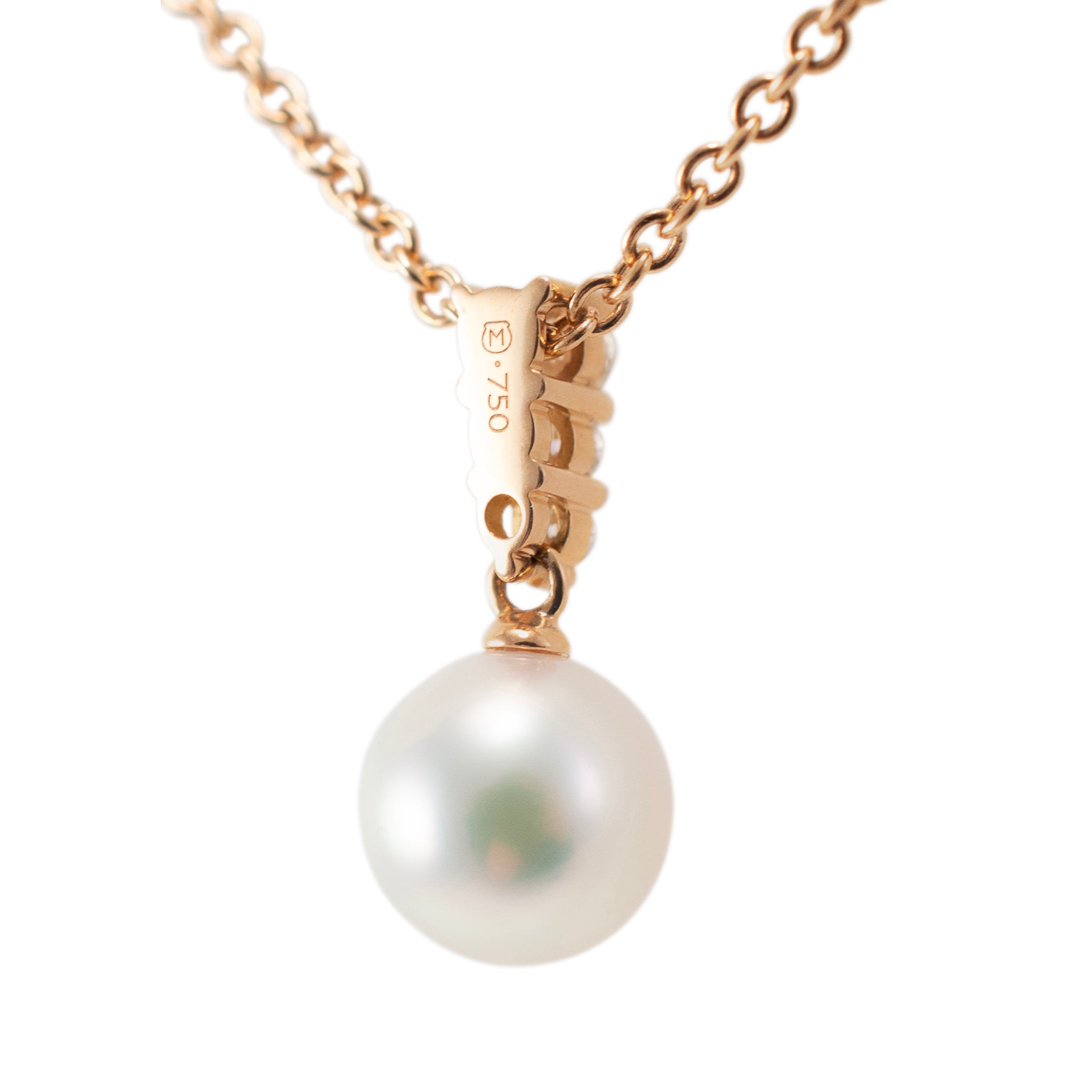 Mikimoto Morning Dew 18K Rose Gold 3 Diamonds 10MM Pearl Pendant Necklace