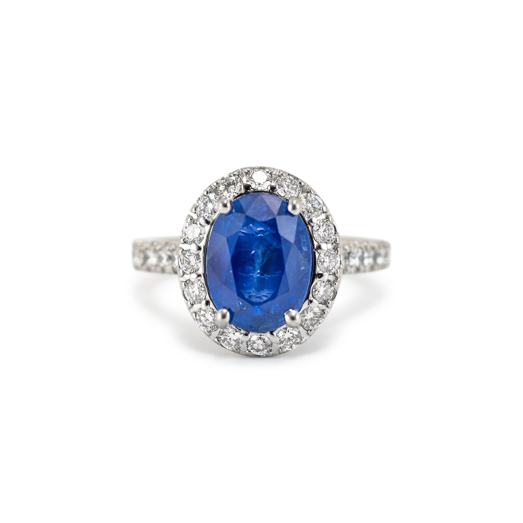 14K White Gold AGL Ceylon 3.54ct Oval Sapphire Halo Diamond Cocktail Ring