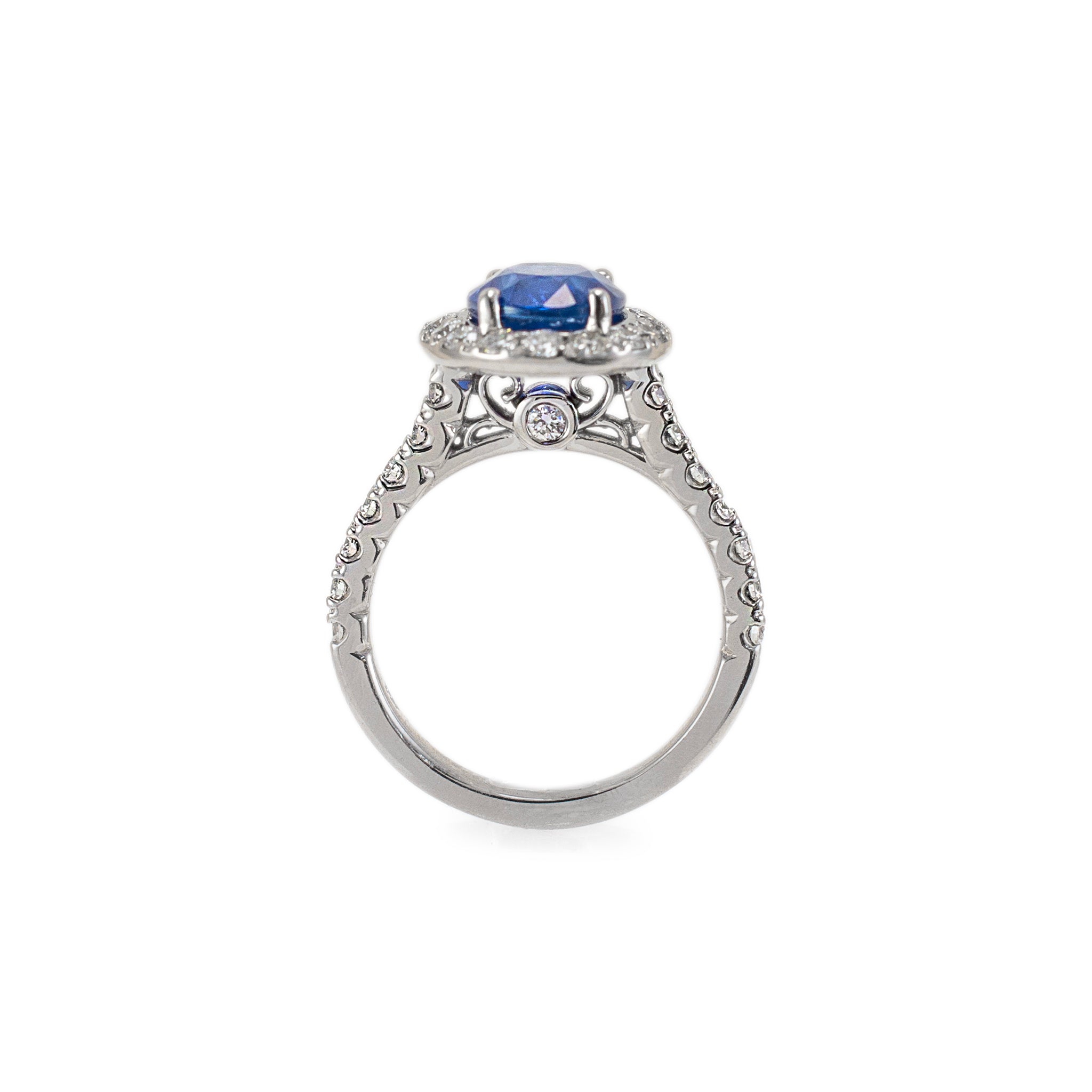14K White Gold AGL Ceylon 3.54ct Oval Sapphire Halo Diamond Cocktail Ring