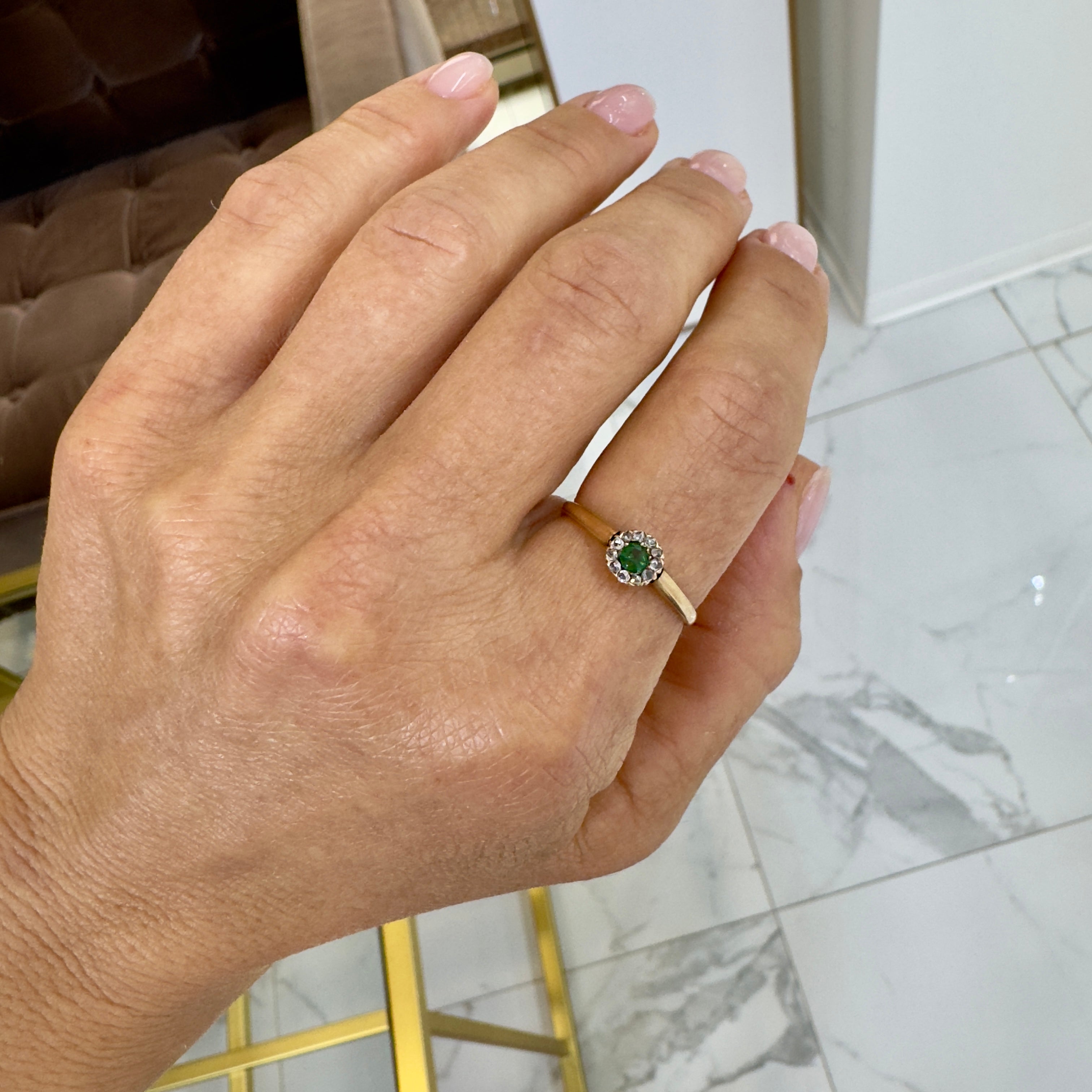 Antique Victorian 12K Tourmaline Halo Rose Cut Diamond Cocktail Ring