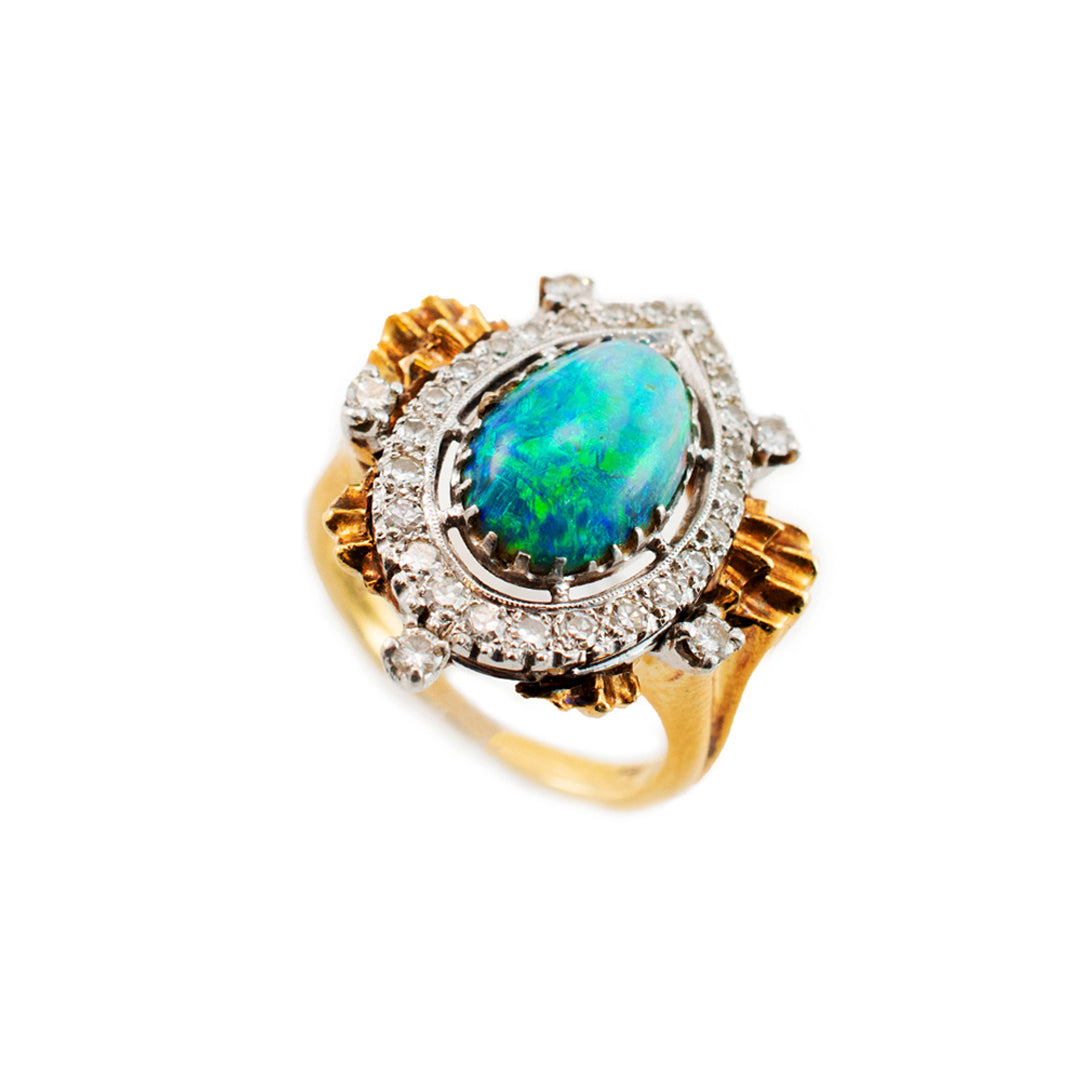 Vintage 18K Yellow Gold & Palladium AGL Australian Opal Diamond Cocktail Ring