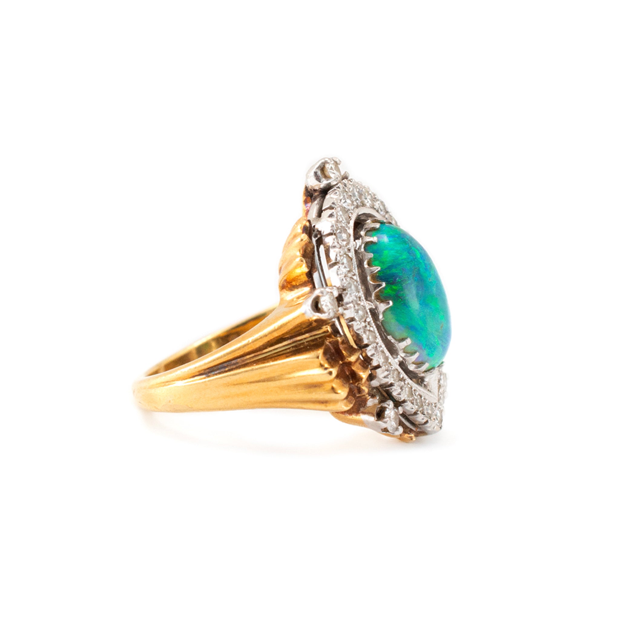 Vintage 18K Yellow Gold & Palladium AGL Australian Opal Diamond Cocktail Ring