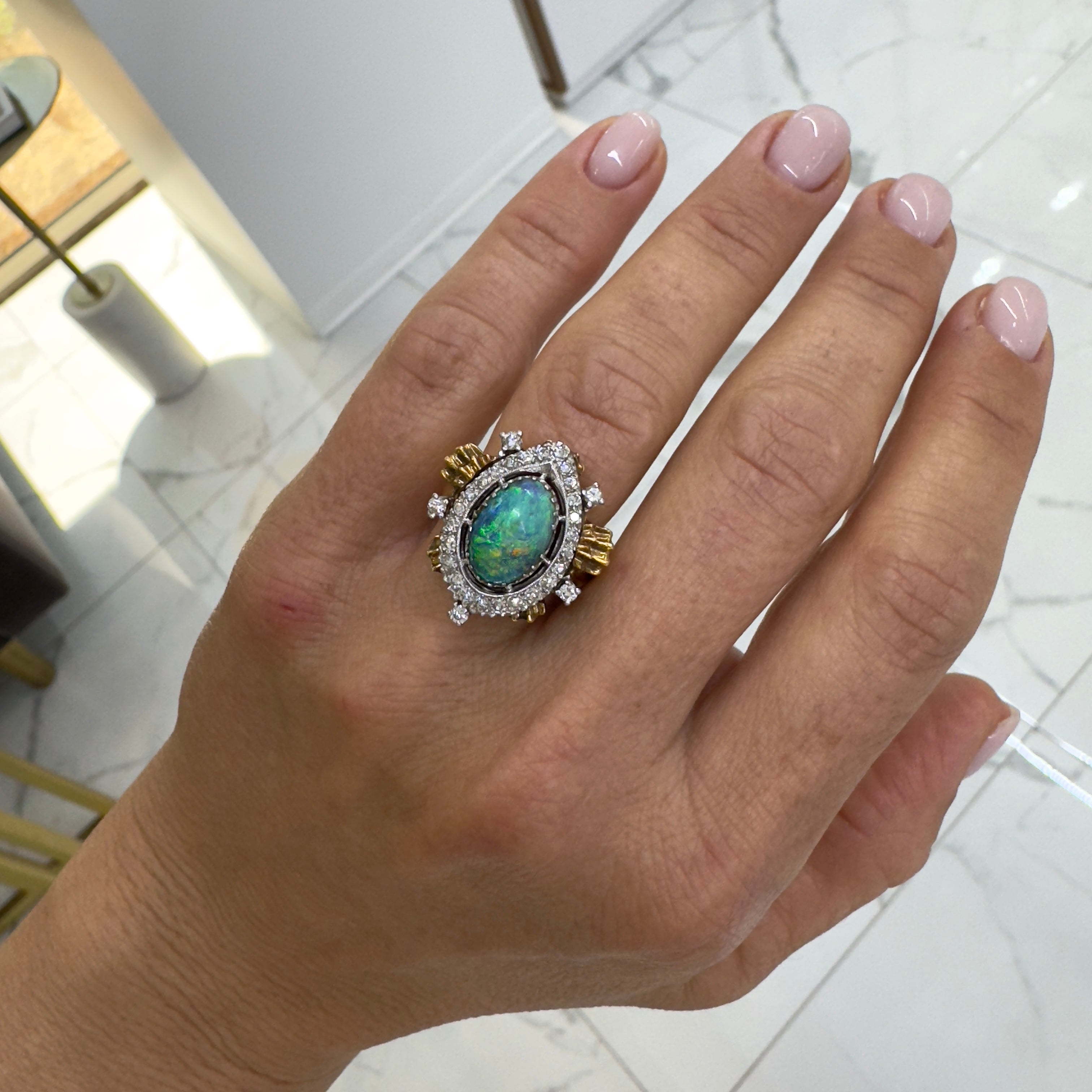 Vintage 18K Yellow Gold & Palladium AGL Australian Opal Diamond Cocktail Ring
