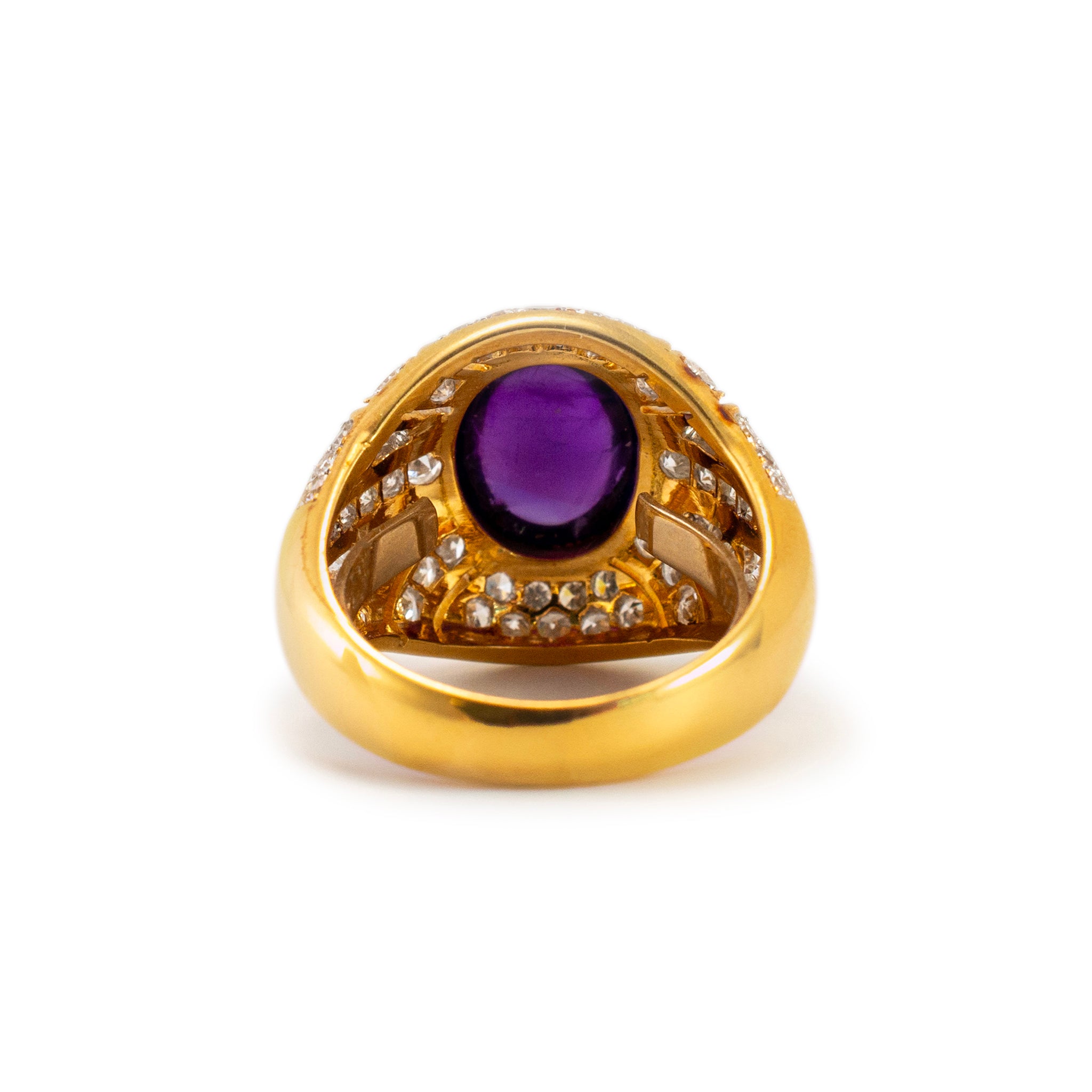 Vintage 18K Yellow Gold Oval Amethyst Accented Diamond Cocktail Ring