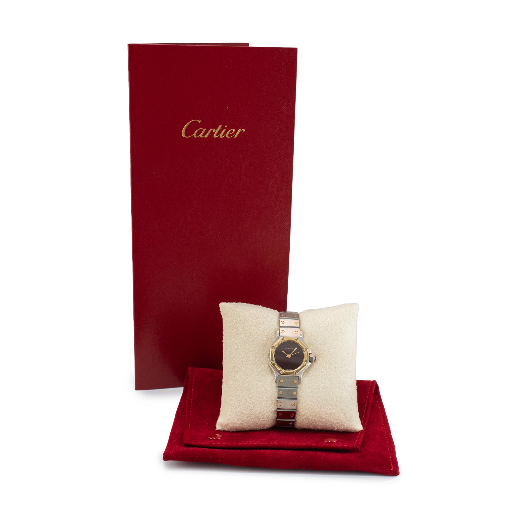 Ladies Cartier Santos Octagon 25MM 0907 Burgundy Gold Steel Automatic Watch