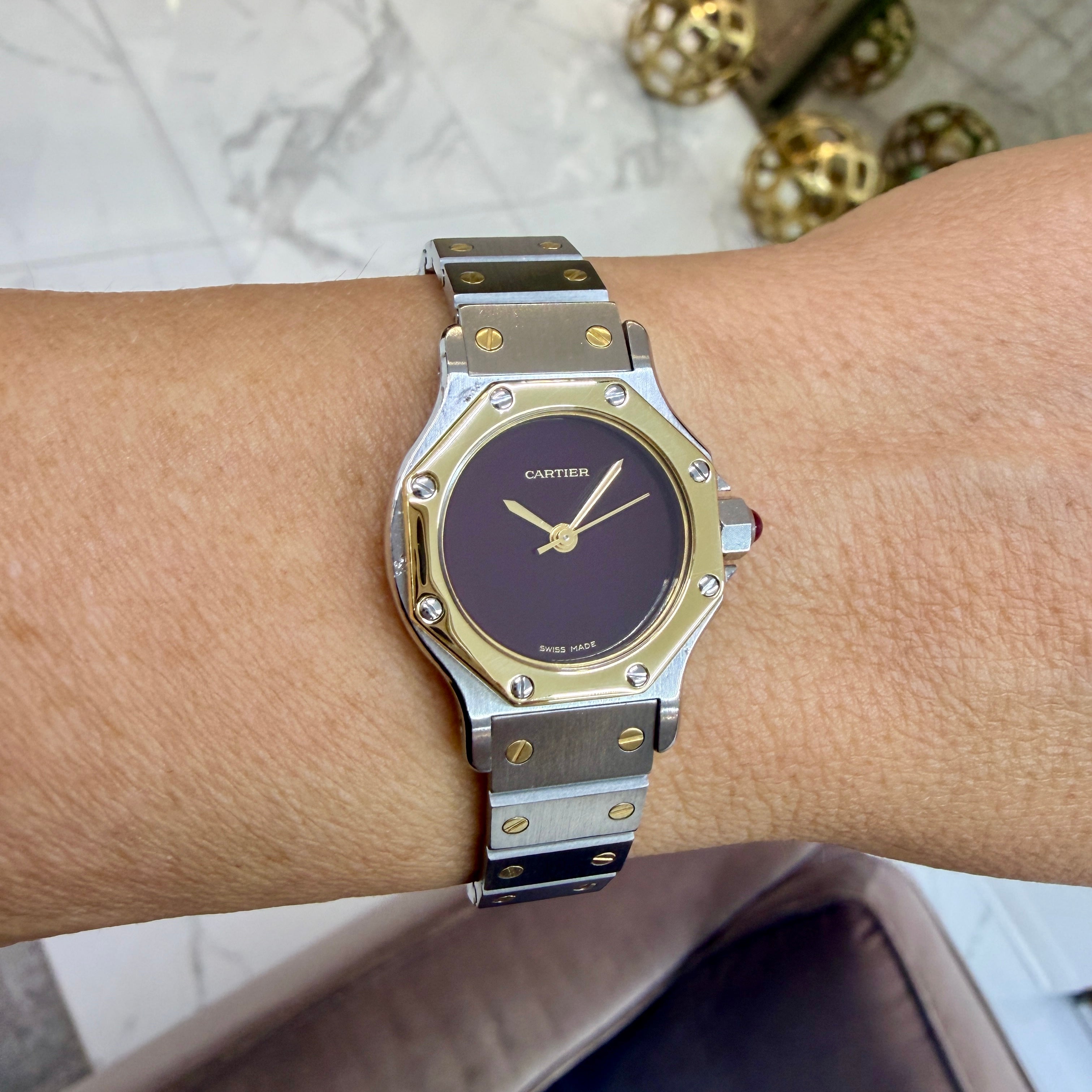Ladies Cartier Santos Octagon 25MM 0907 Burgundy Gold Steel Automatic Watch