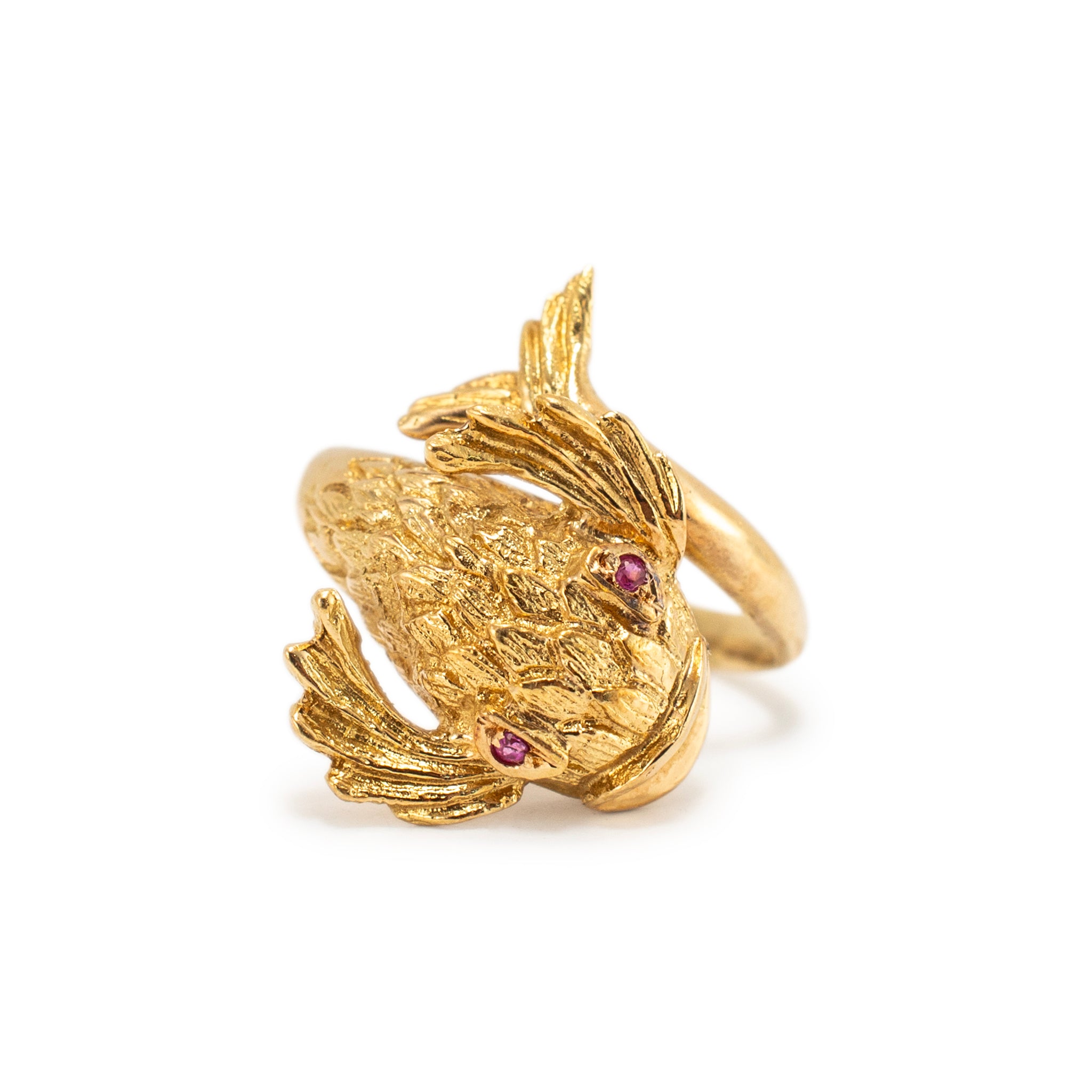 Vintage 18K Yellow Gold Ruby Koi Fish Cocktail Ring