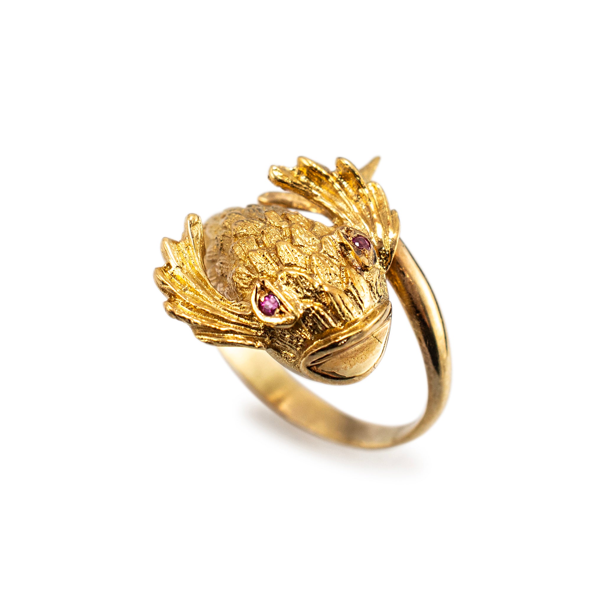 Vintage 18K Yellow Gold Ruby Koi Fish Cocktail Ring