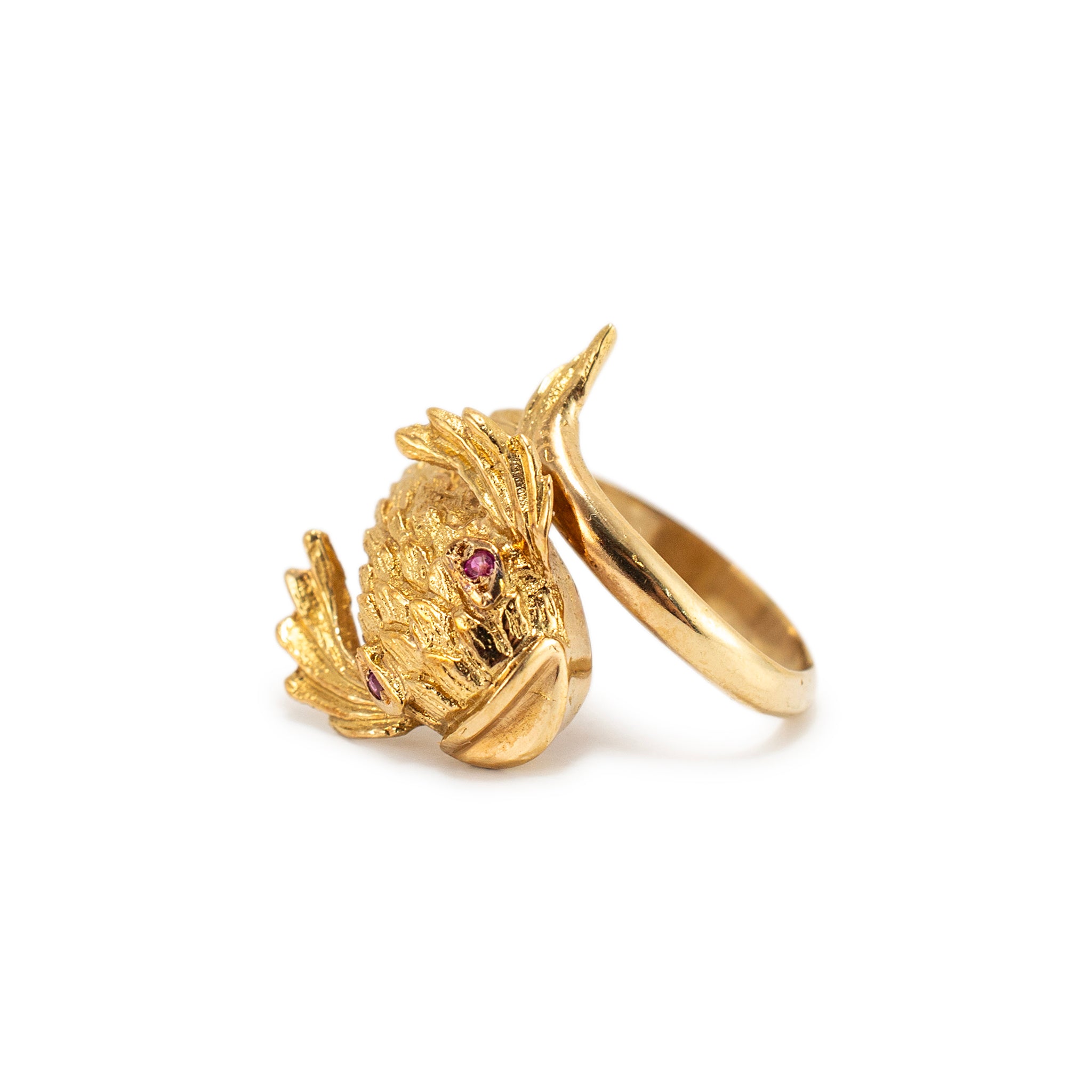 Vintage 18K Yellow Gold Ruby Koi Fish Cocktail Ring