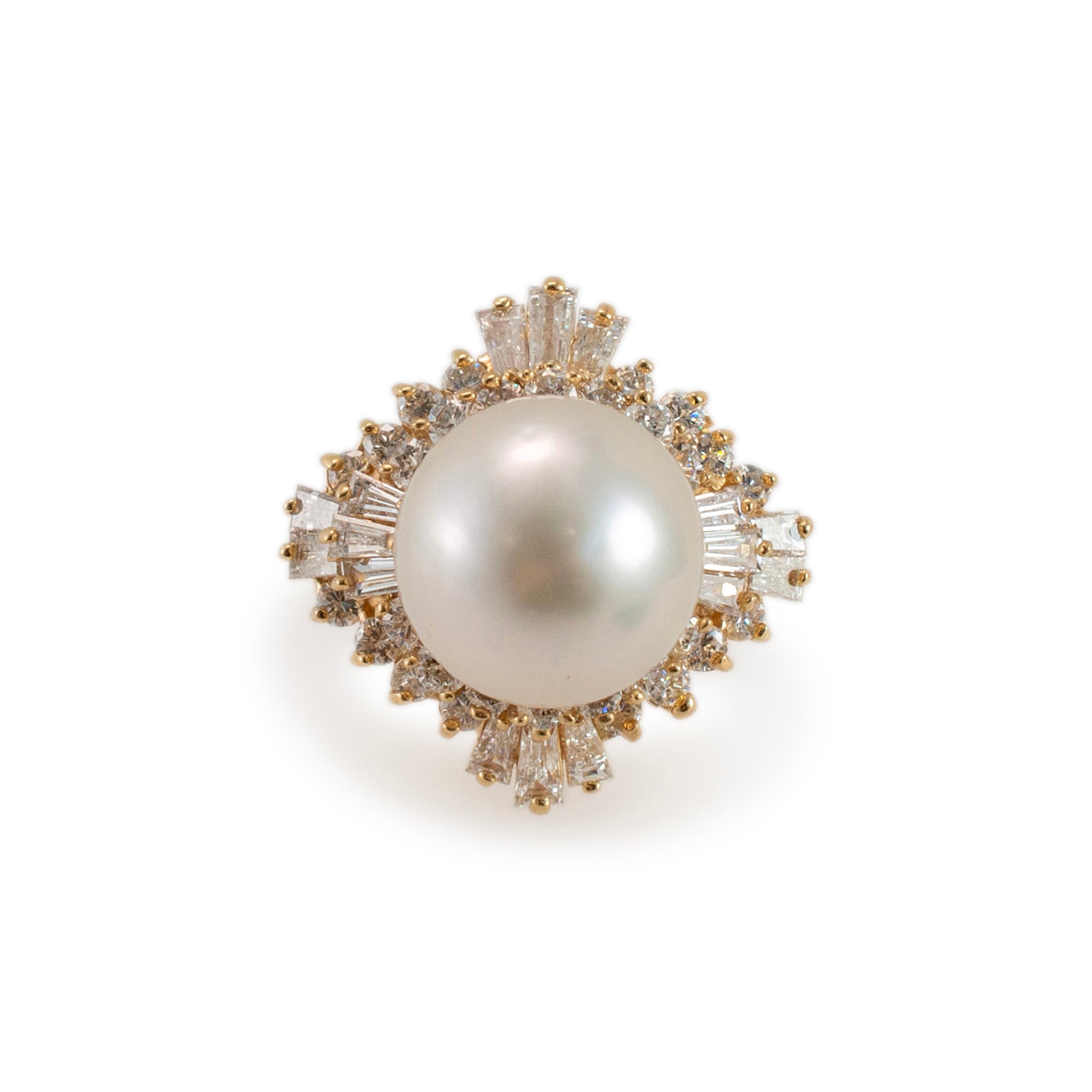 Ladies 14K Yellow Gold Pearl Double Halo Baguette & Round Diamond Cocktail Ring