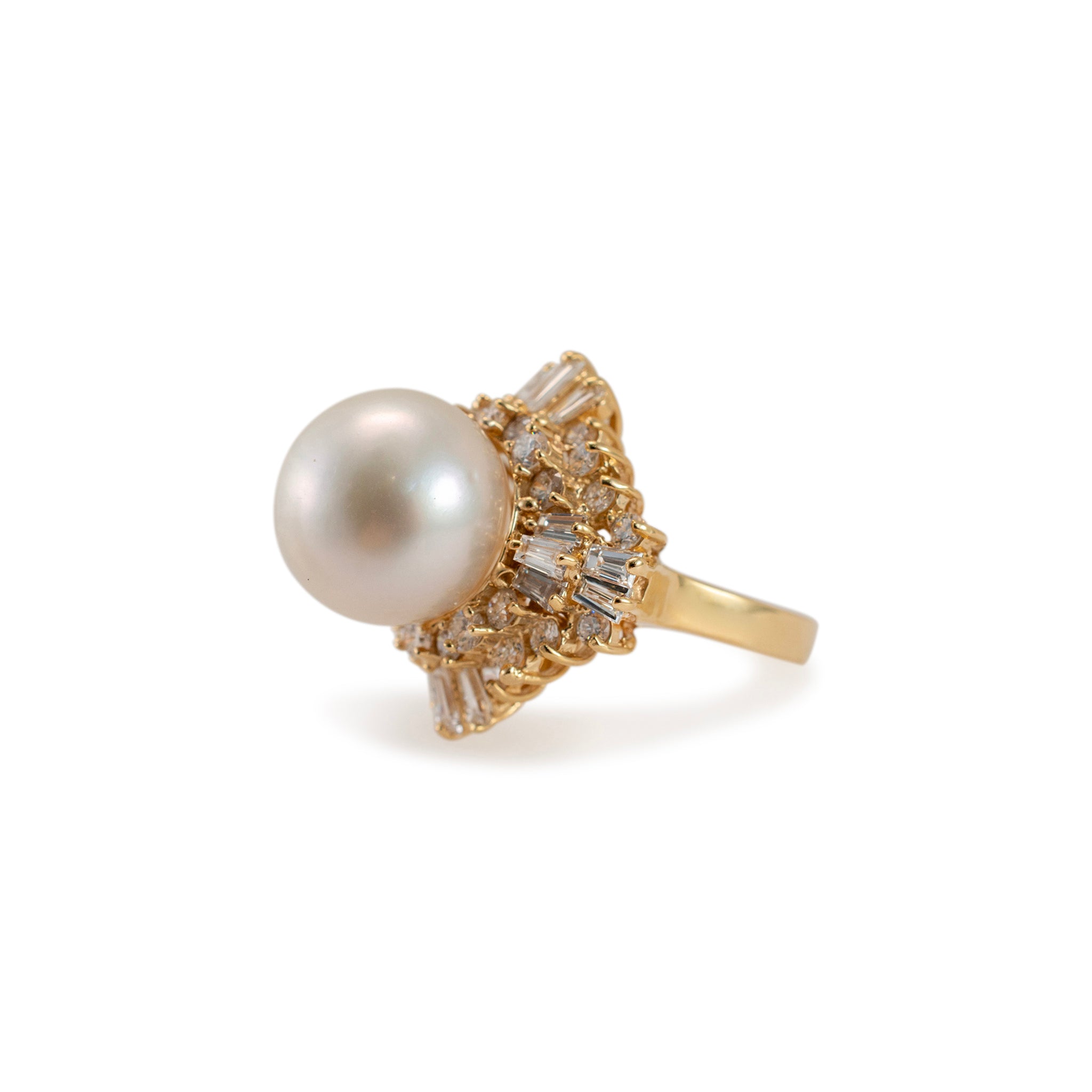 Ladies 14K Yellow Gold Pearl Double Halo Baguette & Round Diamond Cocktail Ring
