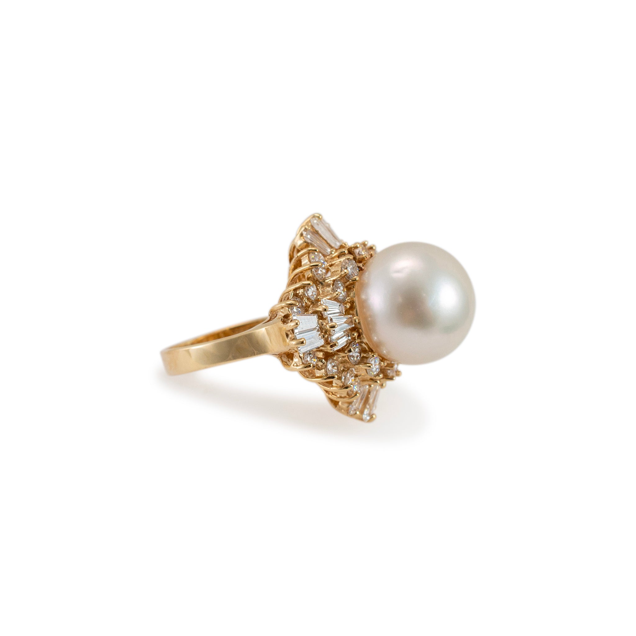 Ladies 14K Yellow Gold Pearl Double Halo Baguette & Round Diamond Cocktail Ring