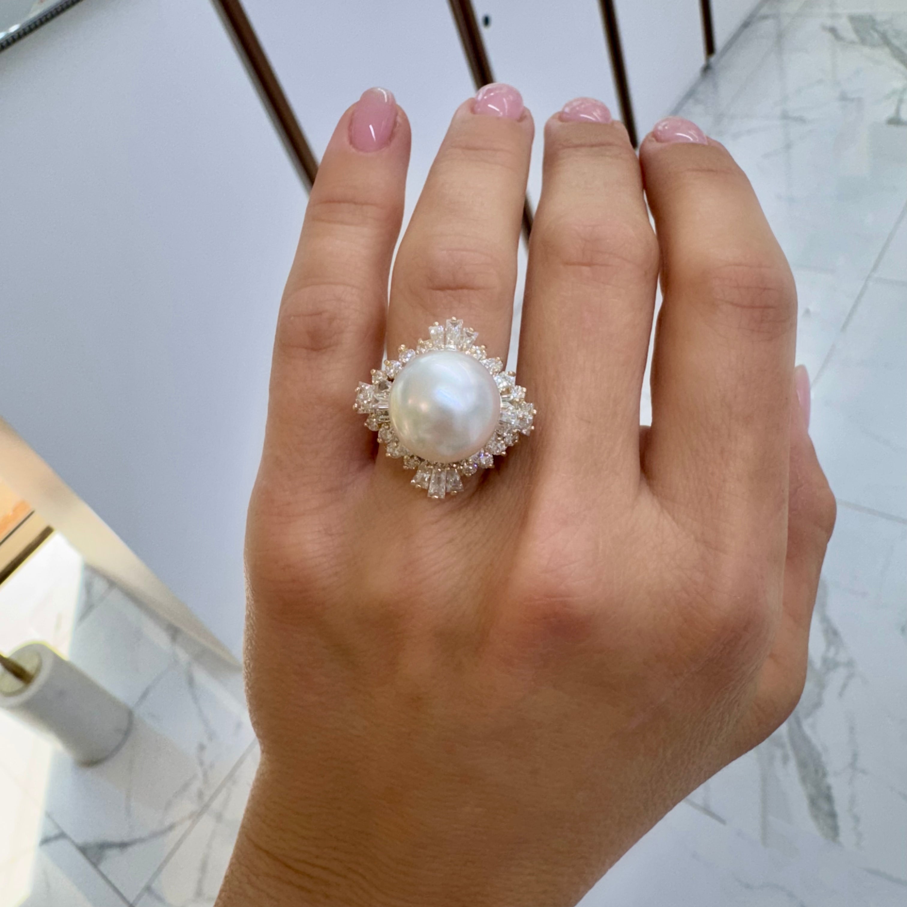 Ladies 14K Yellow Gold Pearl Double Halo Baguette & Round Diamond Cocktail Ring