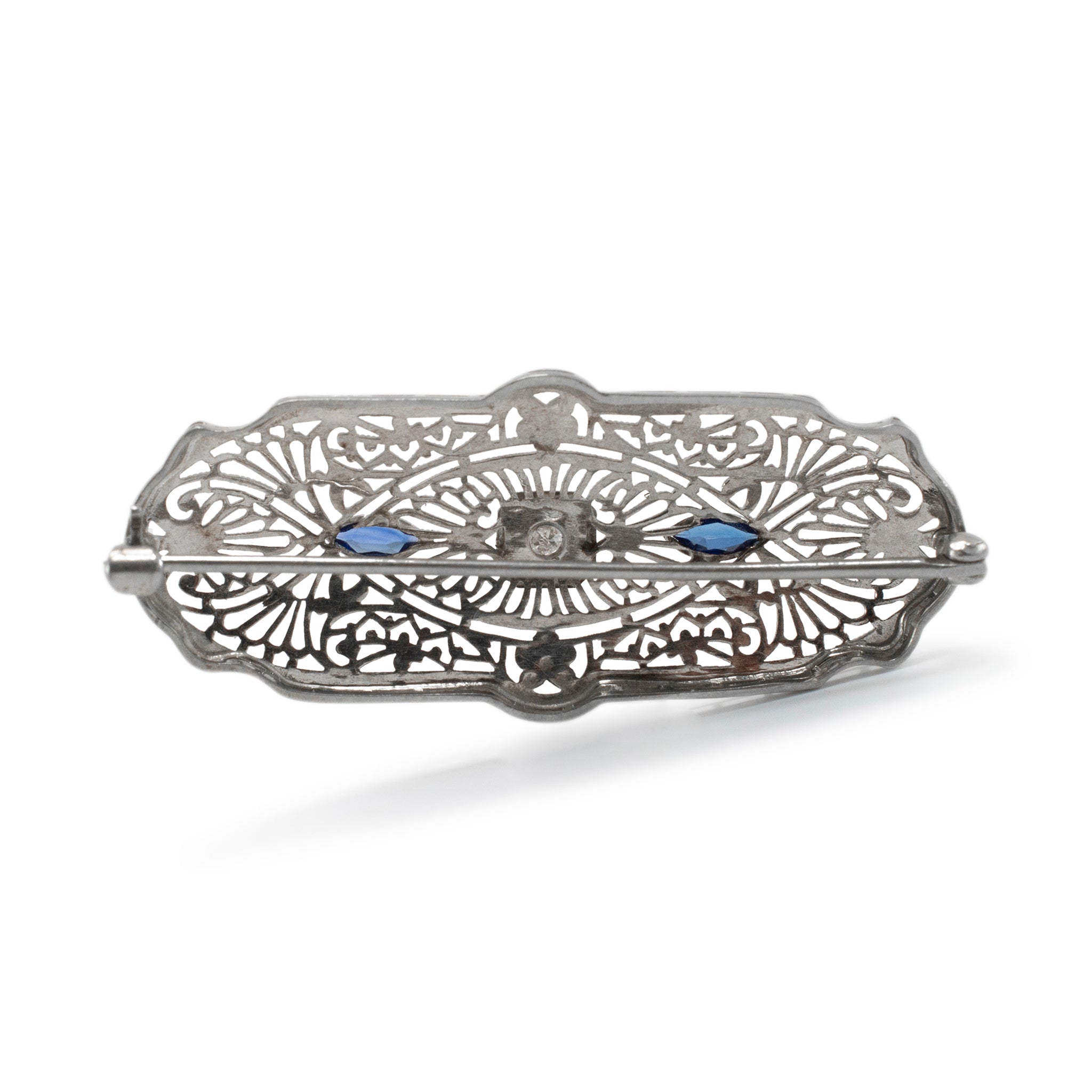 Antique Art Deco 10K White Gold Filigreed Diamond & Sapphire Brooch