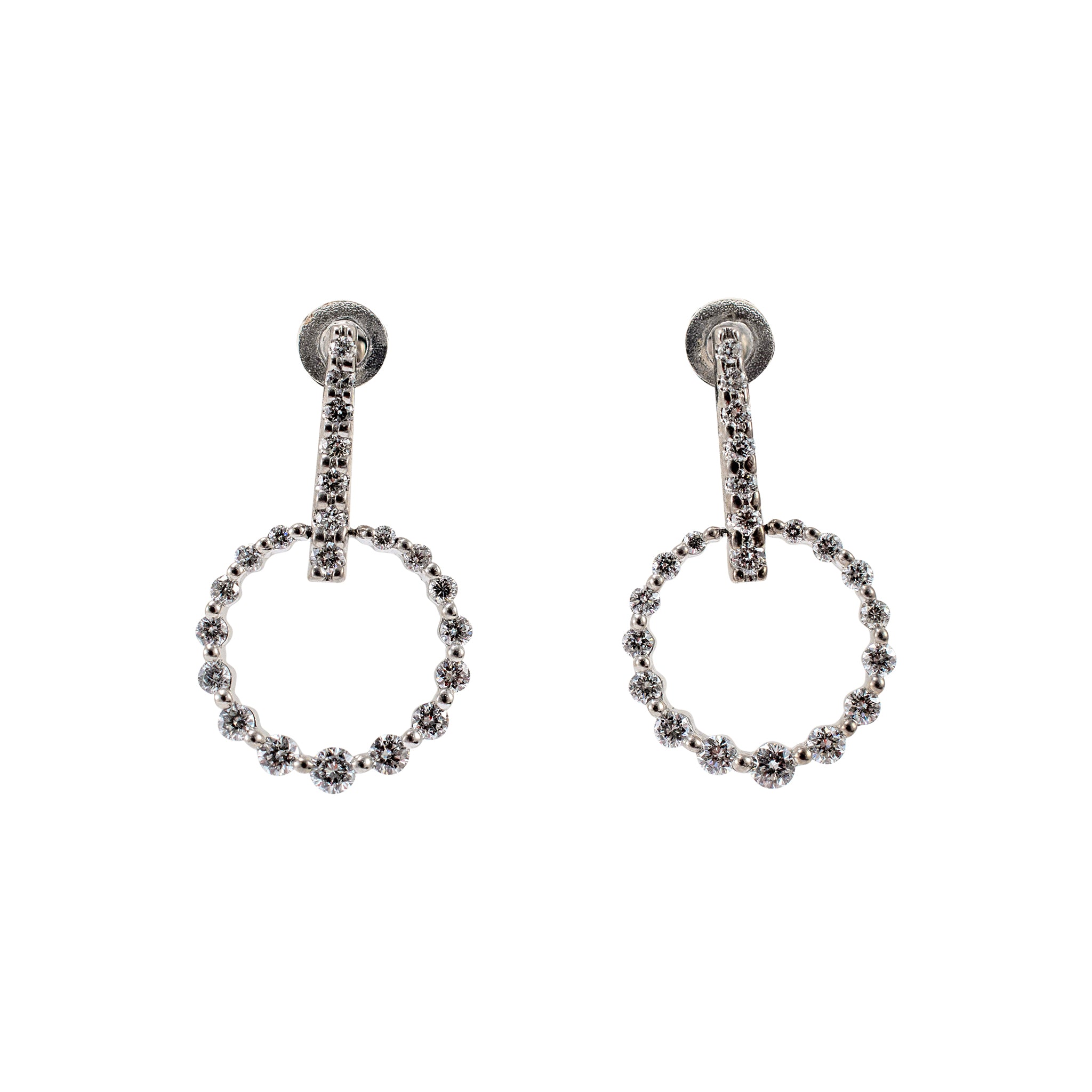 Ladies 14K White Gold Circle Pave Diamond Drop Earrings