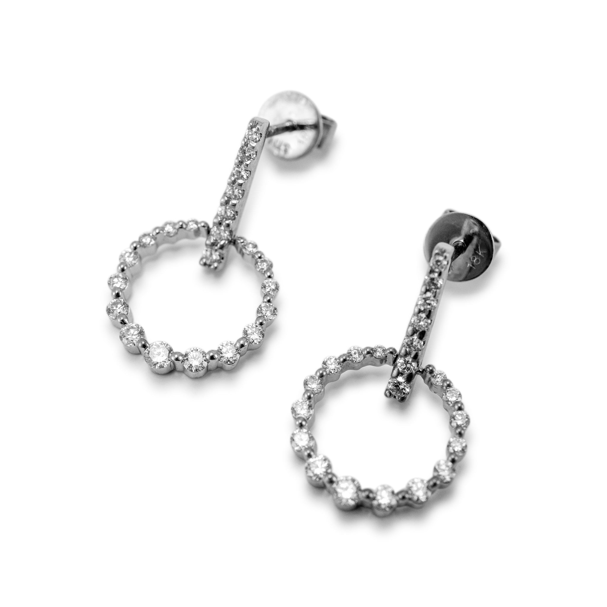 Ladies 14K White Gold Circle Pave Diamond Drop Earrings