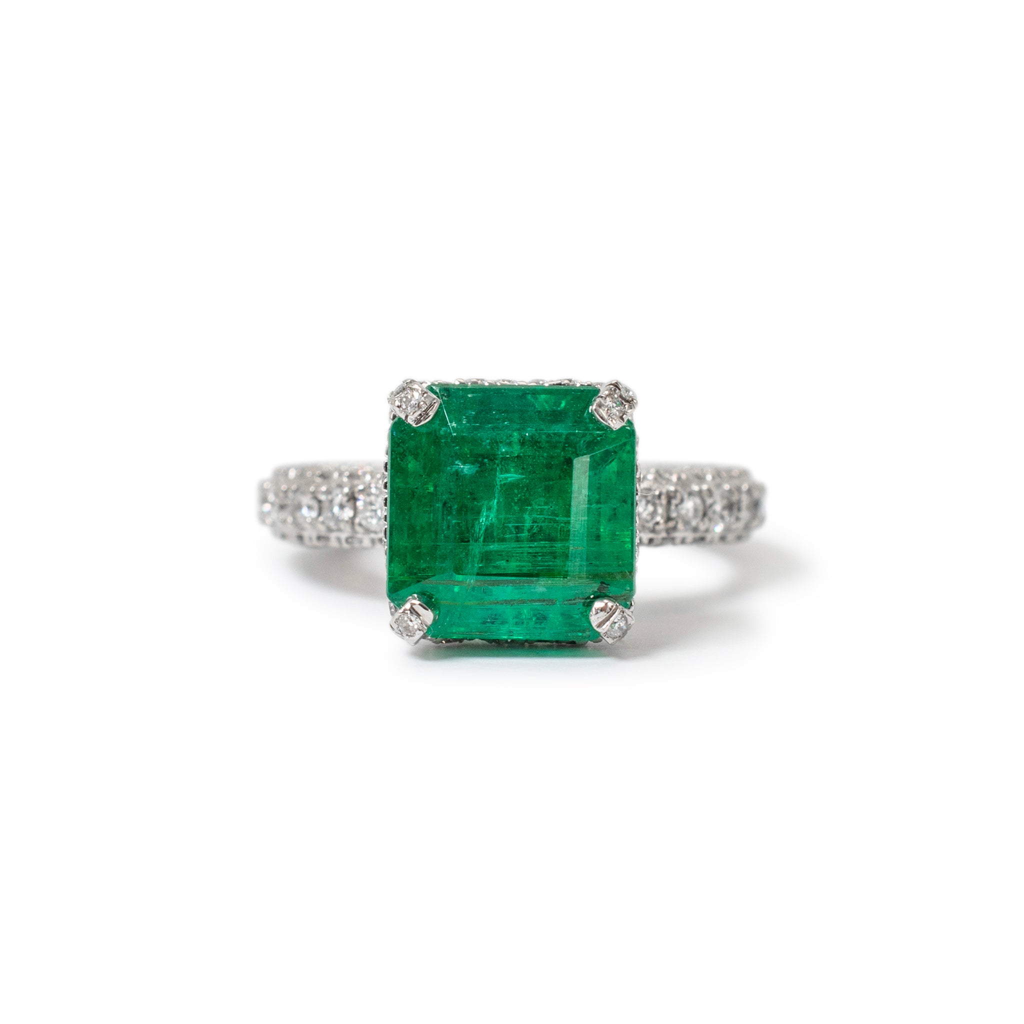 14K White Gold GIA 3.90ct Emerald Hidden Halo Accented Diamond Cocktail Ring